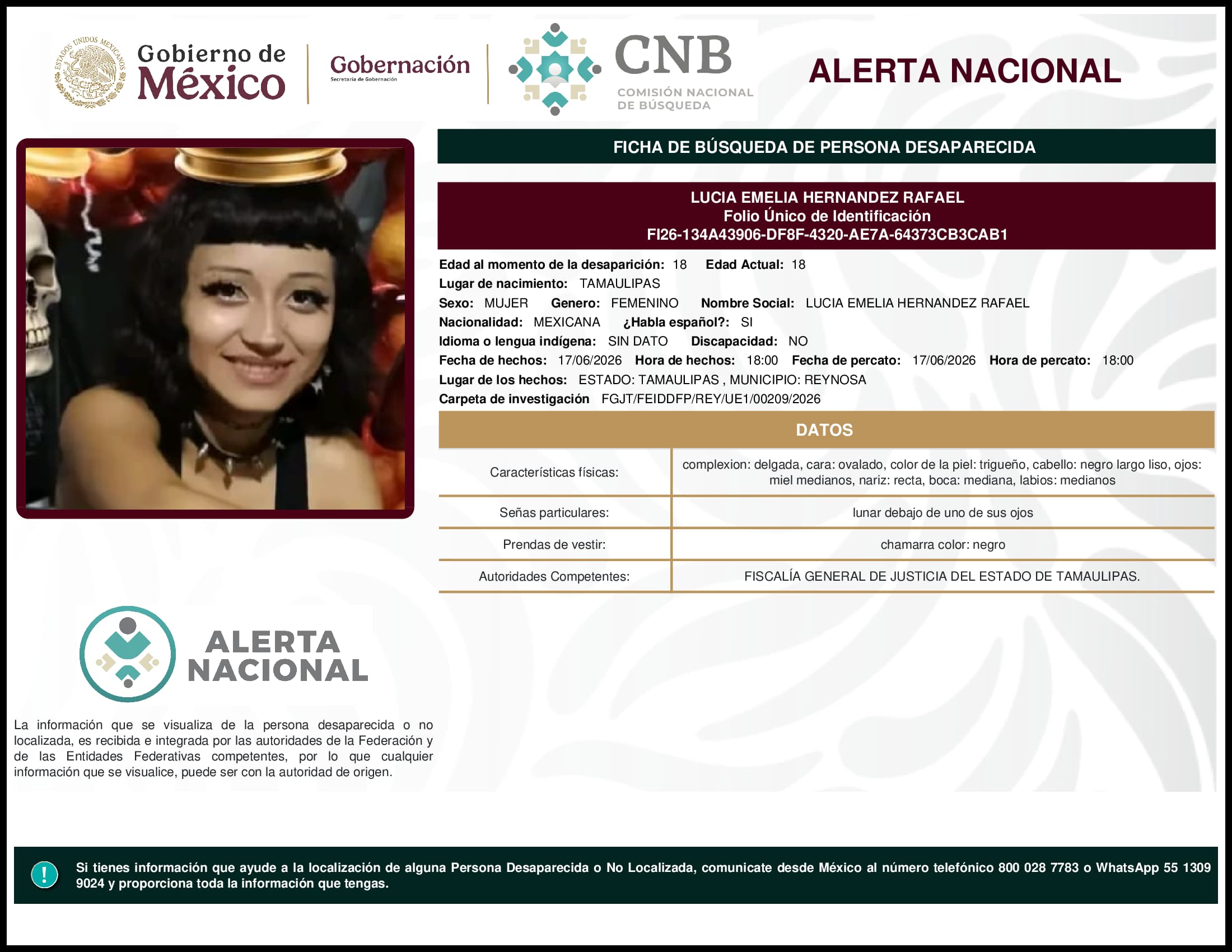 Persona desaparecida Lucia Emelia Hernandez Rafael