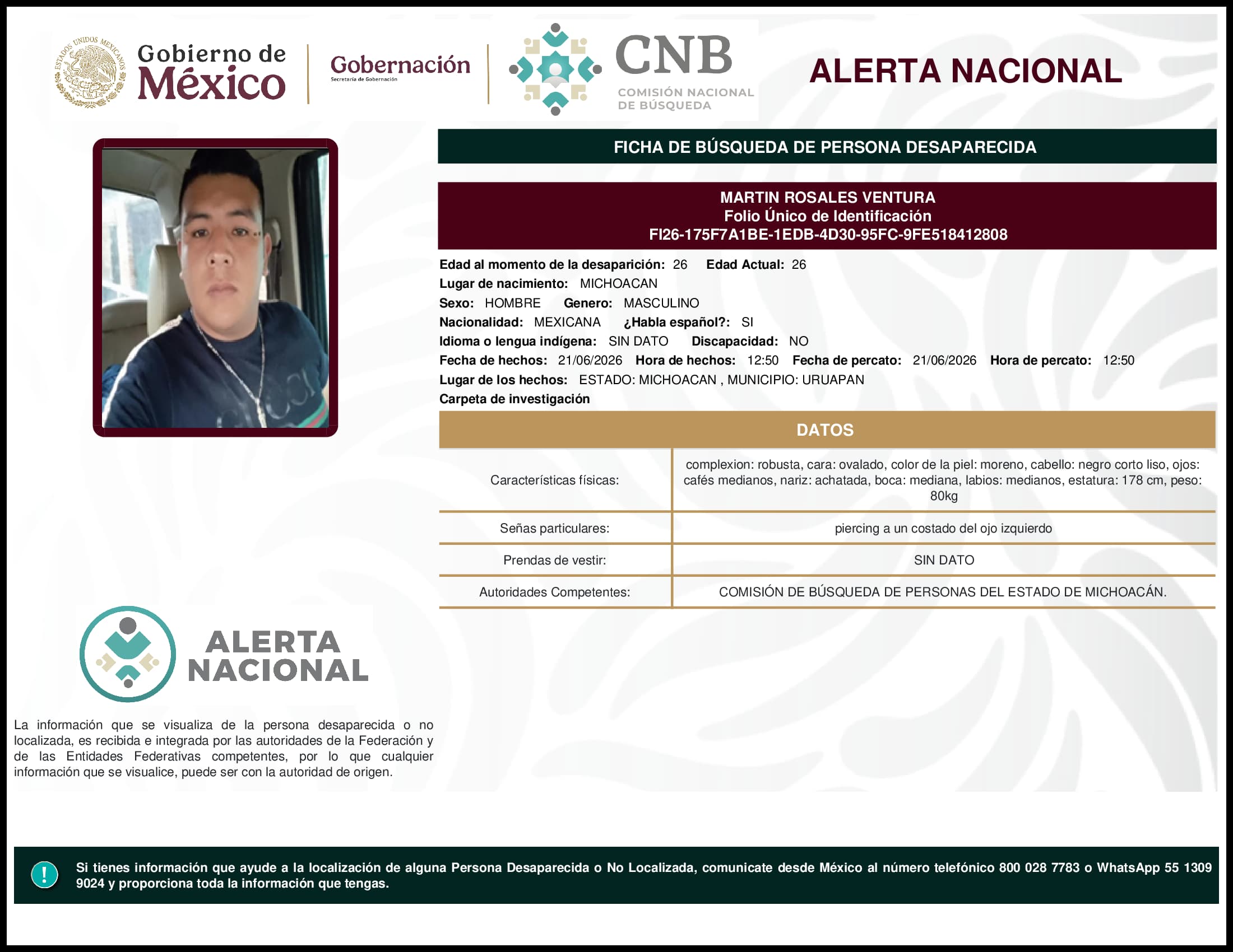 Persona desaparecida Martin Rosales Ventura