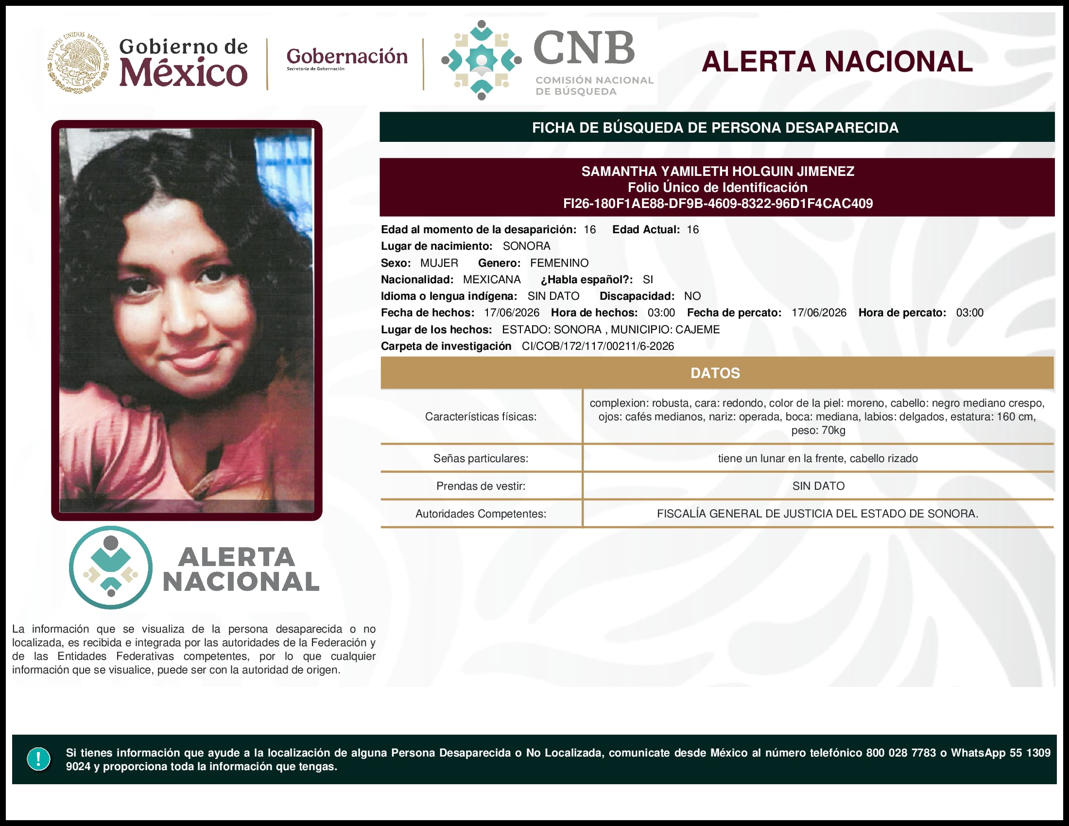 Persona desaparecida Samantha Yamileth Holguin Jimenez