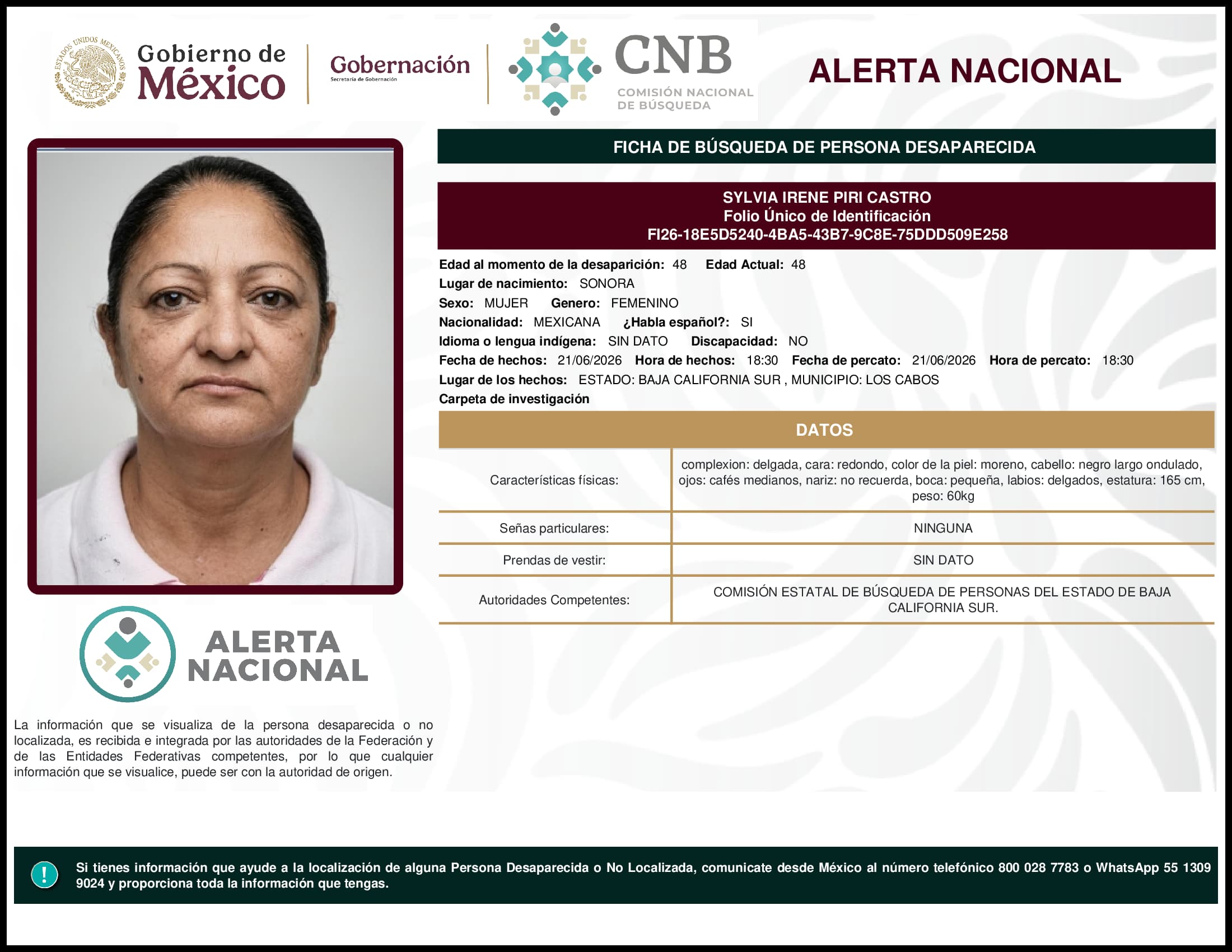 Persona desaparecida Sylvia Irene Piri Castro