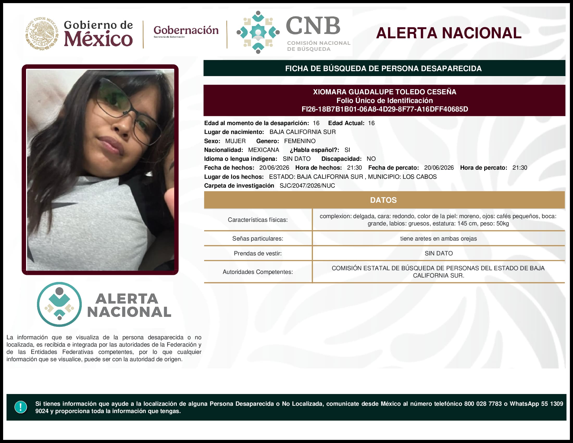 Persona desaparecida Xiomara Guadalupe Toledo Cesena