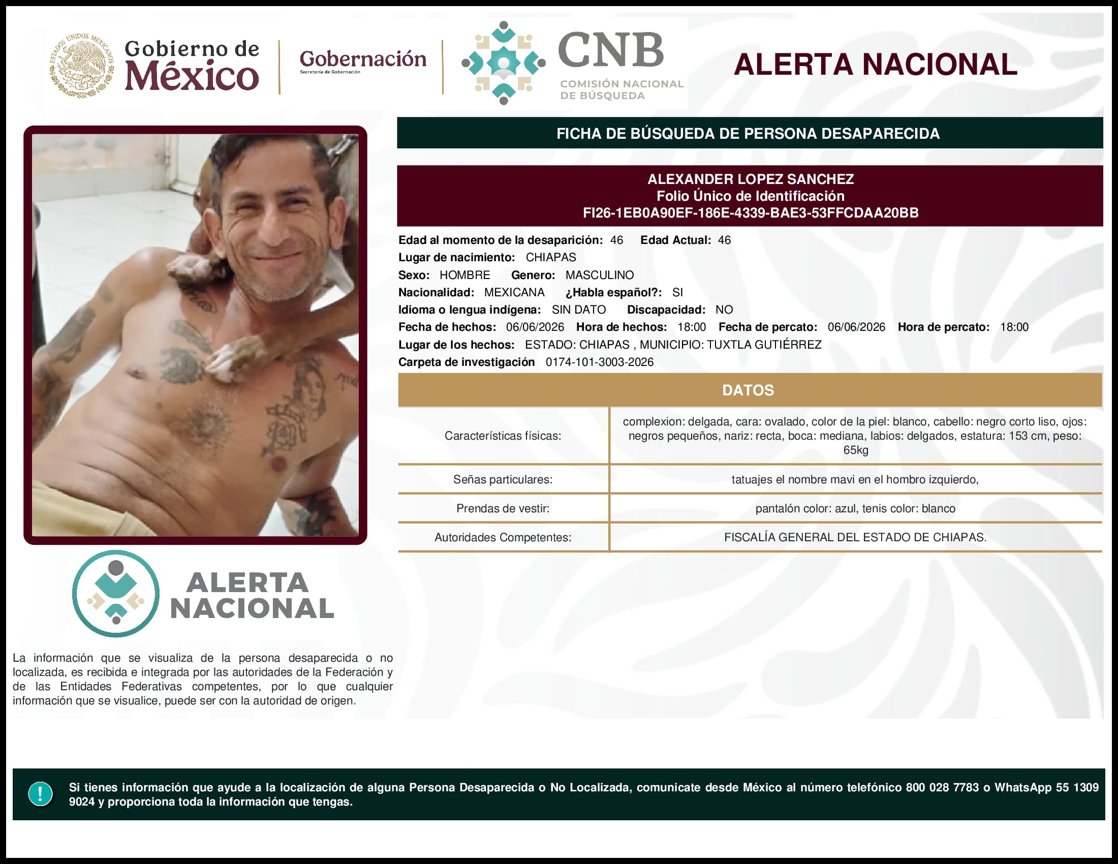 Persona desaparecida Alexander Lopez Sanchez