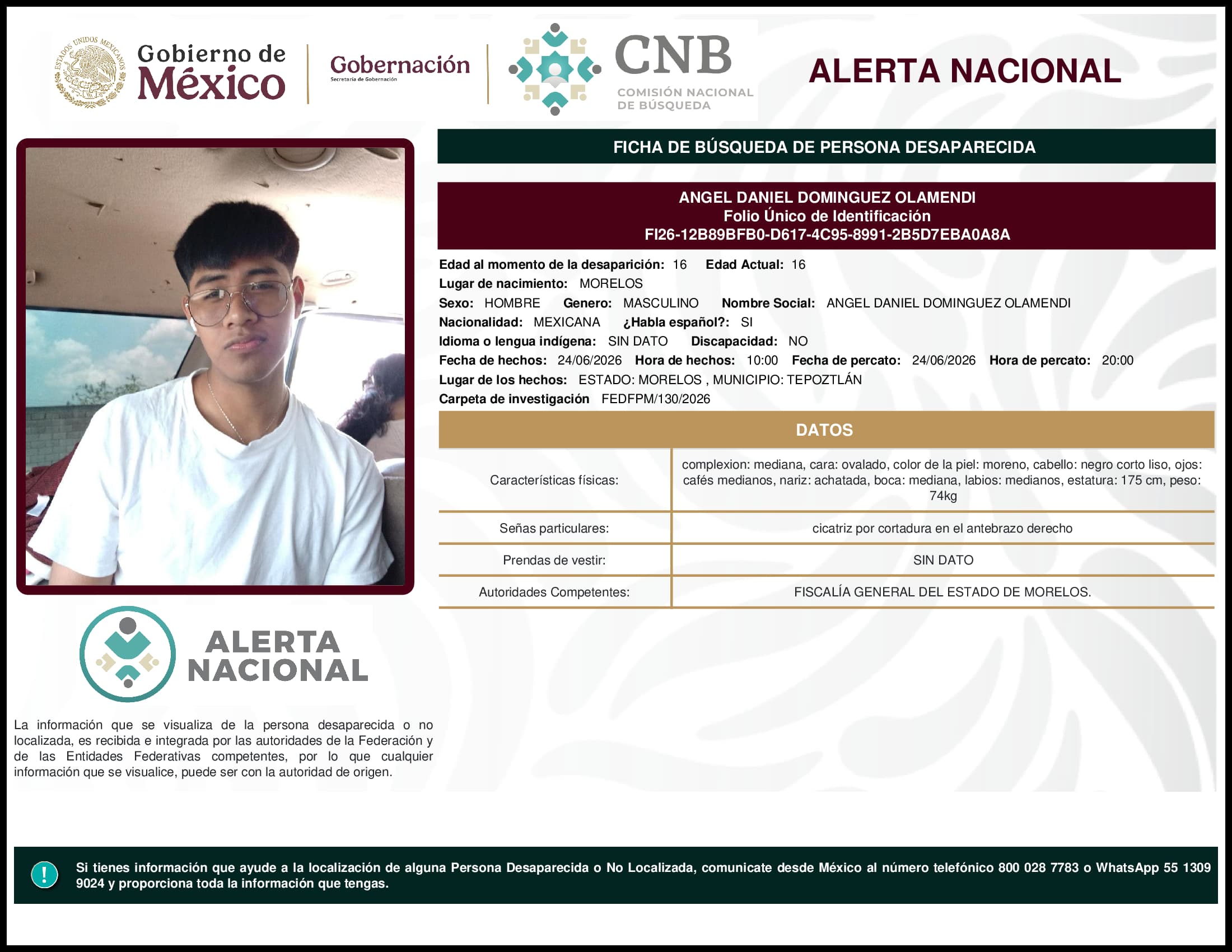 Persona desaparecida Angel Daniel Dominguez Olamendi