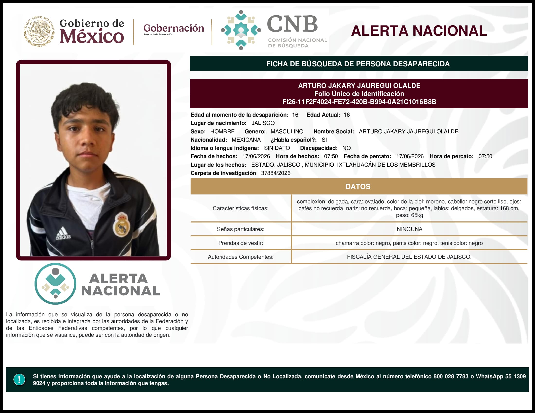 Persona desaparecida Arturo Jakary Jauregui Olalde