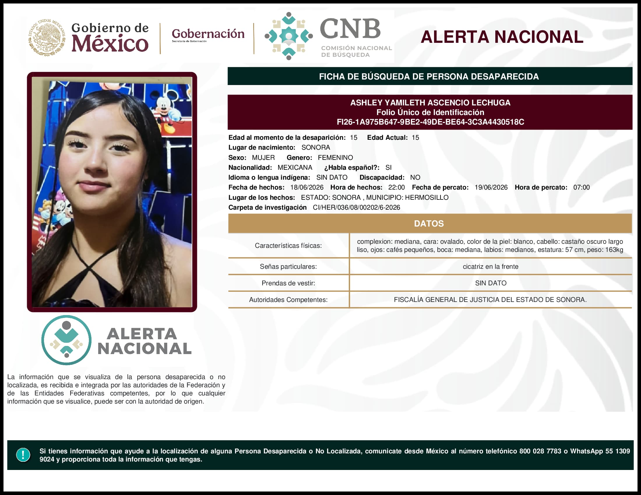 Persona desaparecida Ashley Yamileth Ascencio Lechuga