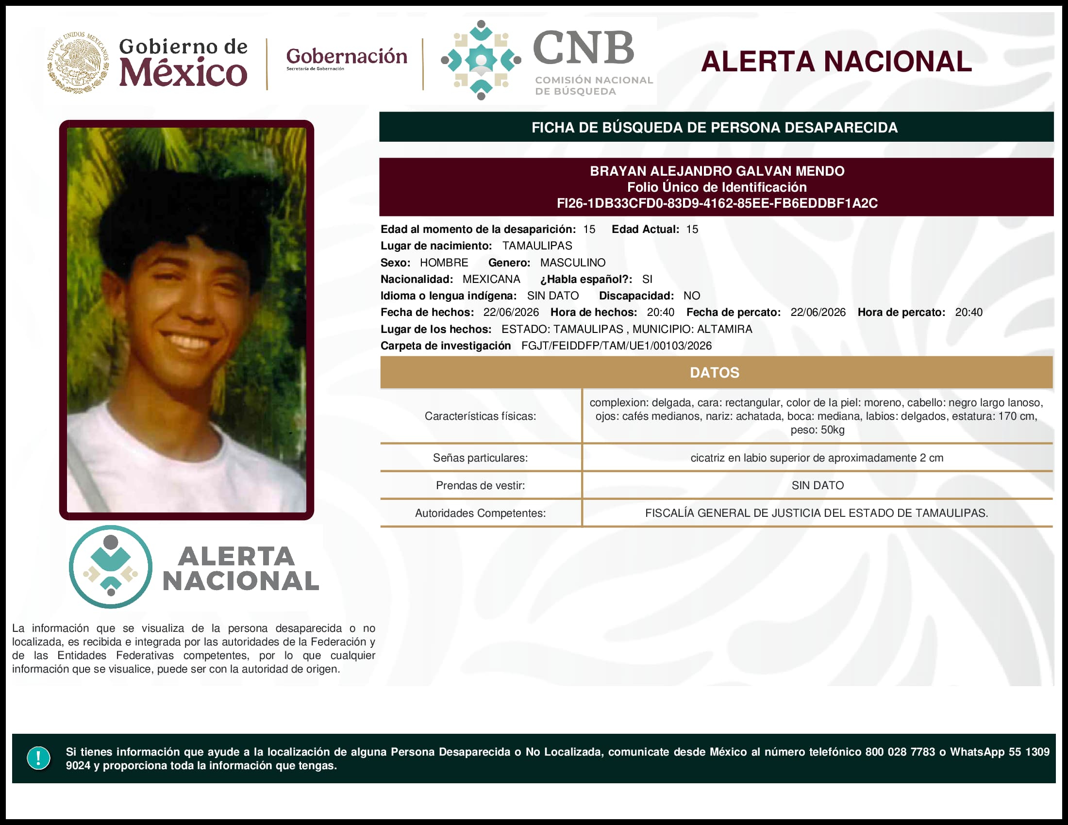 Persona desaparecida Brayan Alejandro Galvan Mendo