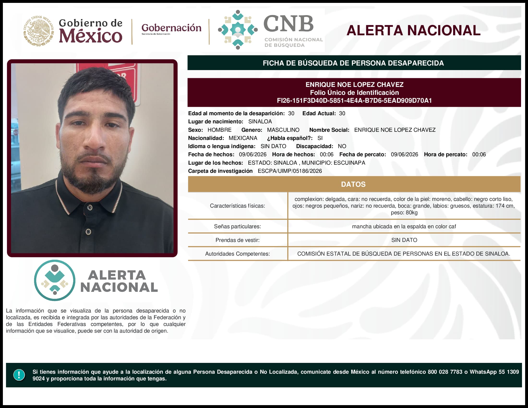 Persona desaparecida Enrique Noe Lopez Chavez