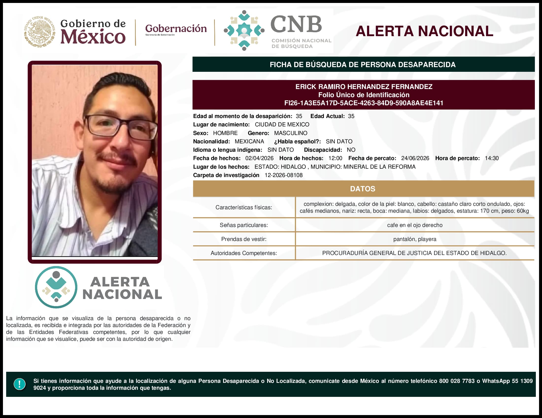 Persona desaparecida Erick Ramiro Hernandez Fernandez