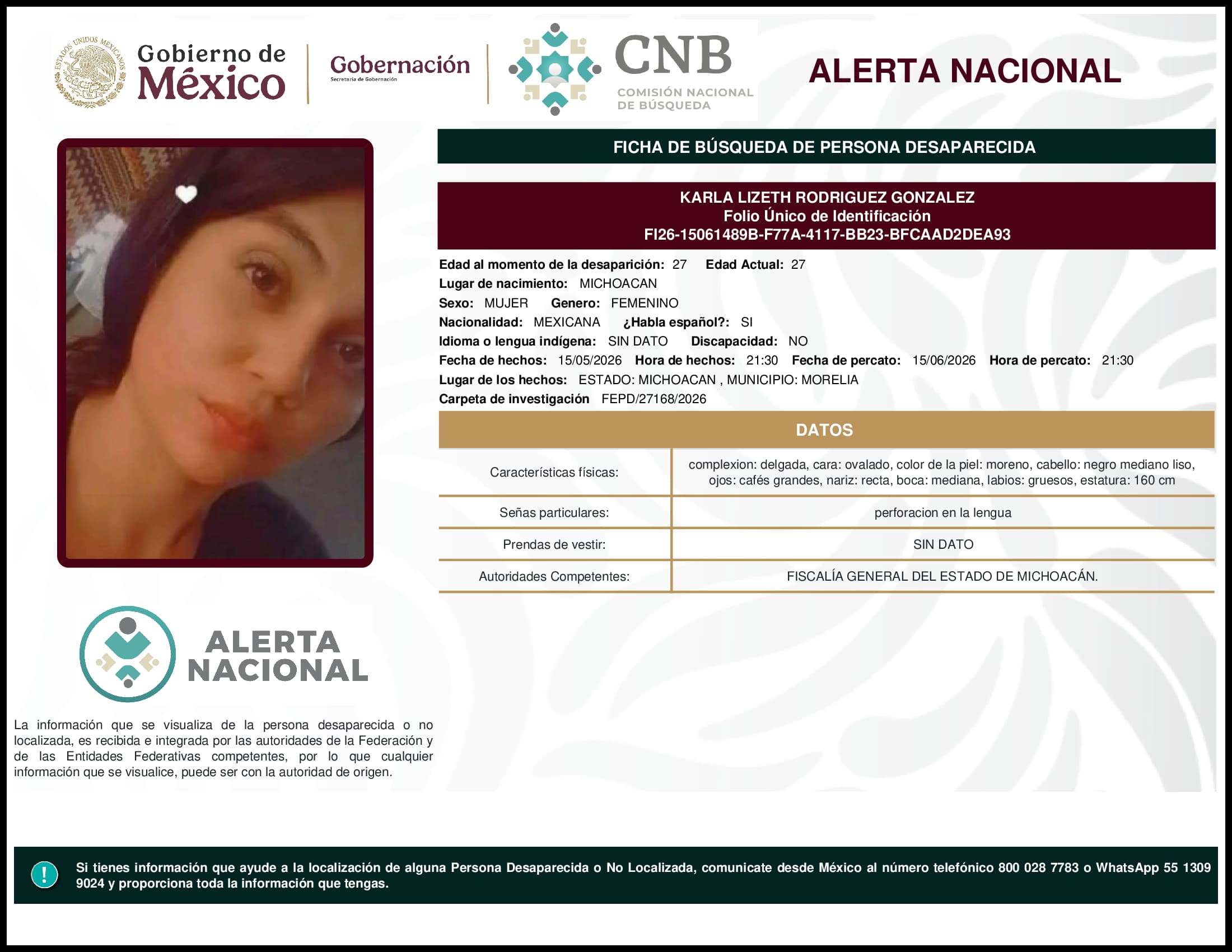 Persona desaparecida Karla Lizeth Rodriguez Gonzalez