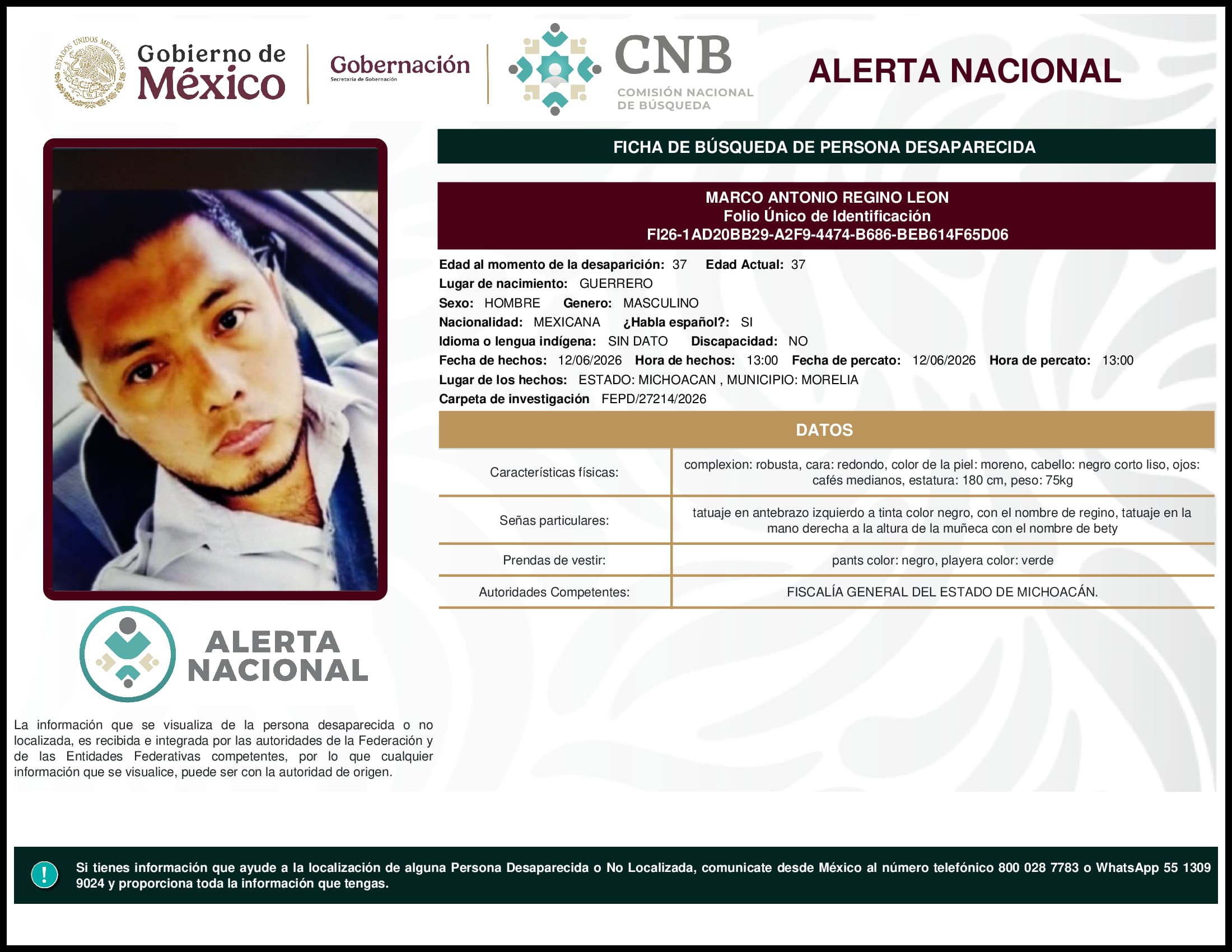 Persona desaparecida Marco Antonio Regino Leon