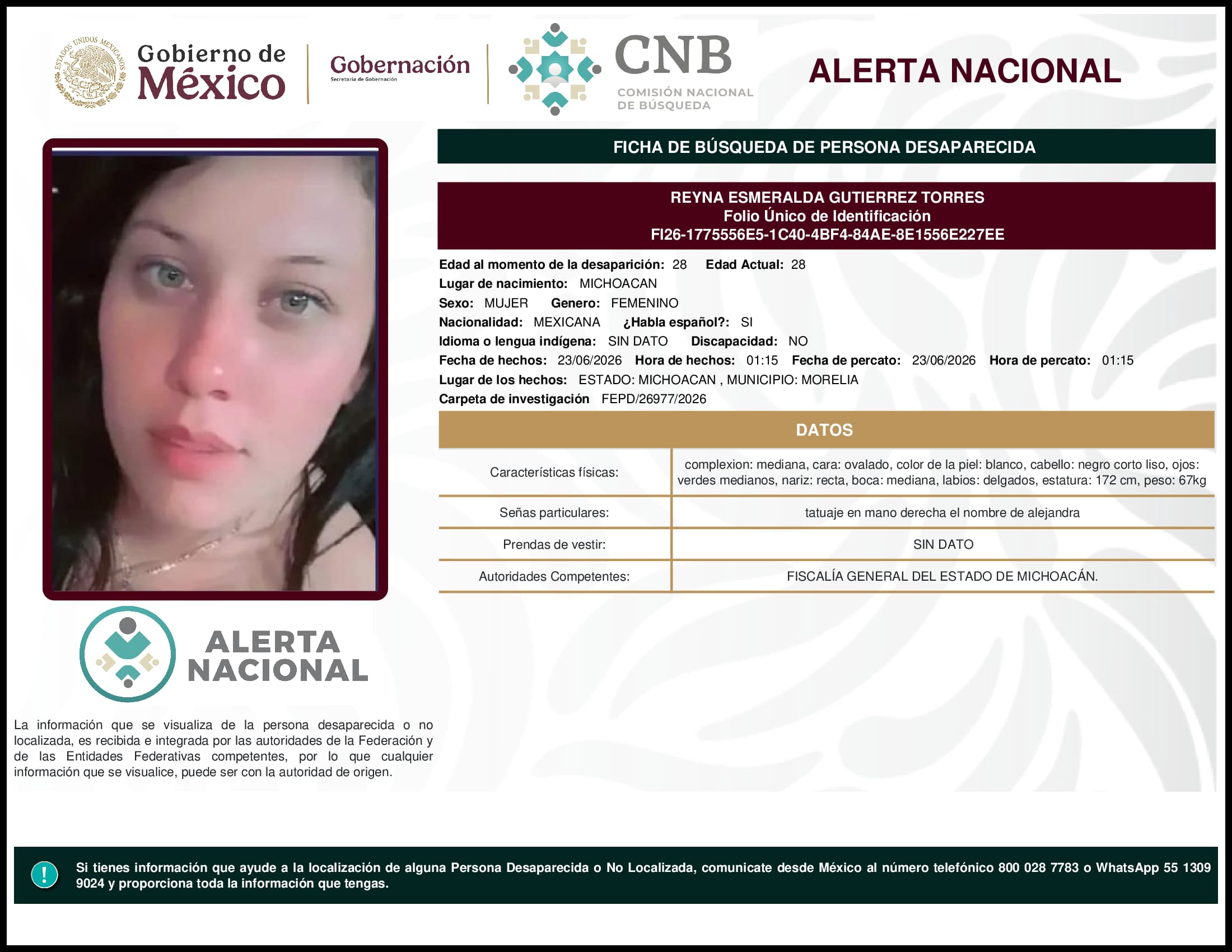 Persona desaparecida Reyna Esmeralda Gutierrez Torres