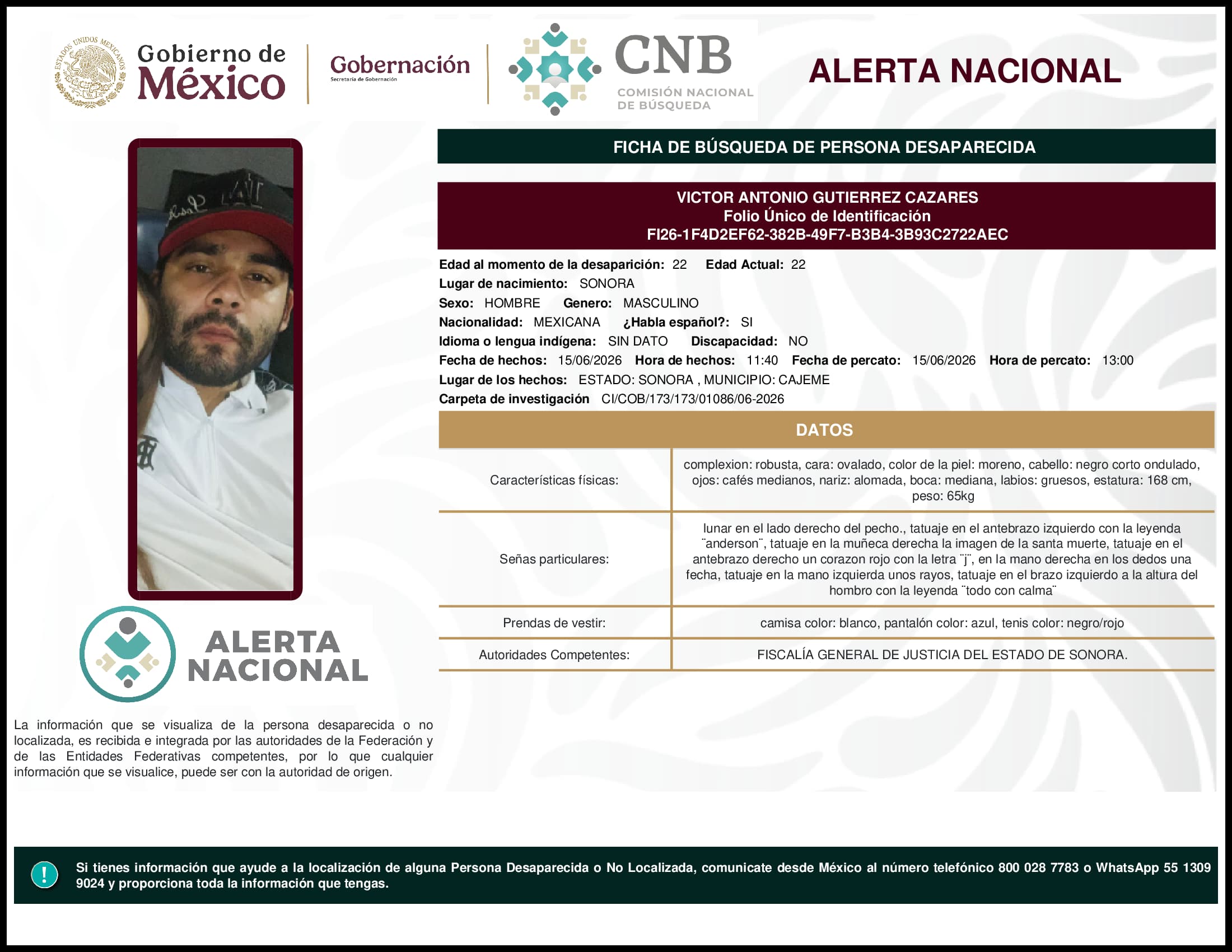Persona desaparecida Victor Antonio Gutierrez Cazares