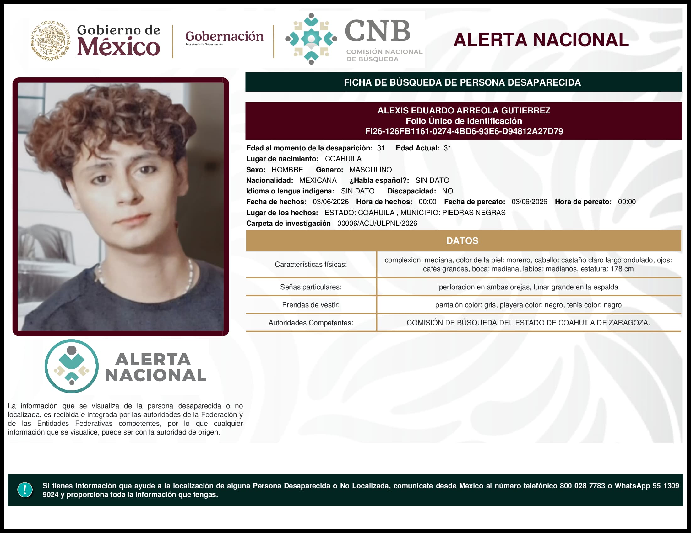 Persona desaparecida Alexis Eduardo Arreola Gutierrez