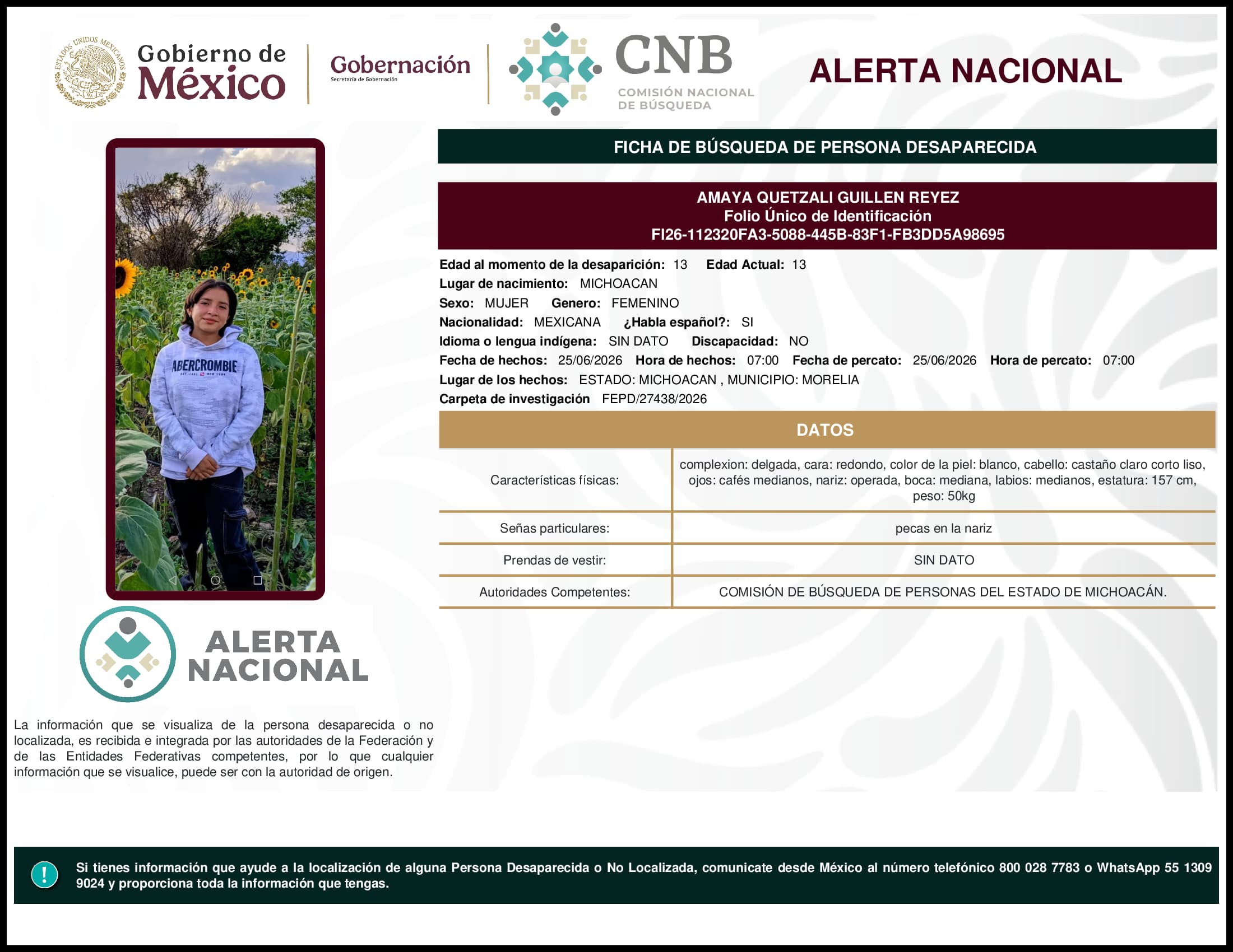 Persona desaparecida Amaya Quetzali Guillen Reyez
