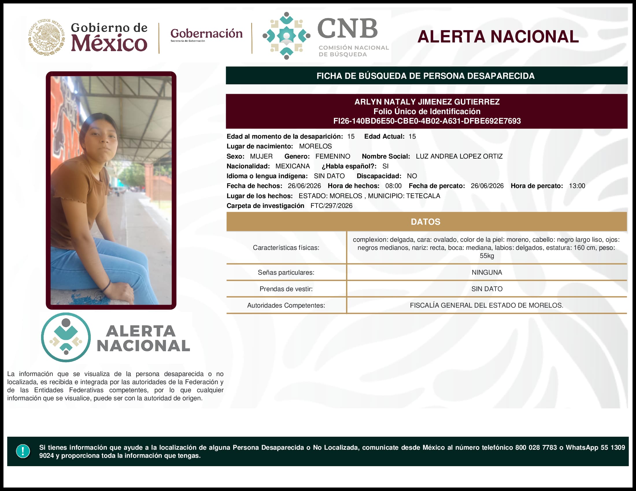 Persona desaparecida Arlyn Nataly Jimenez Gutierrez