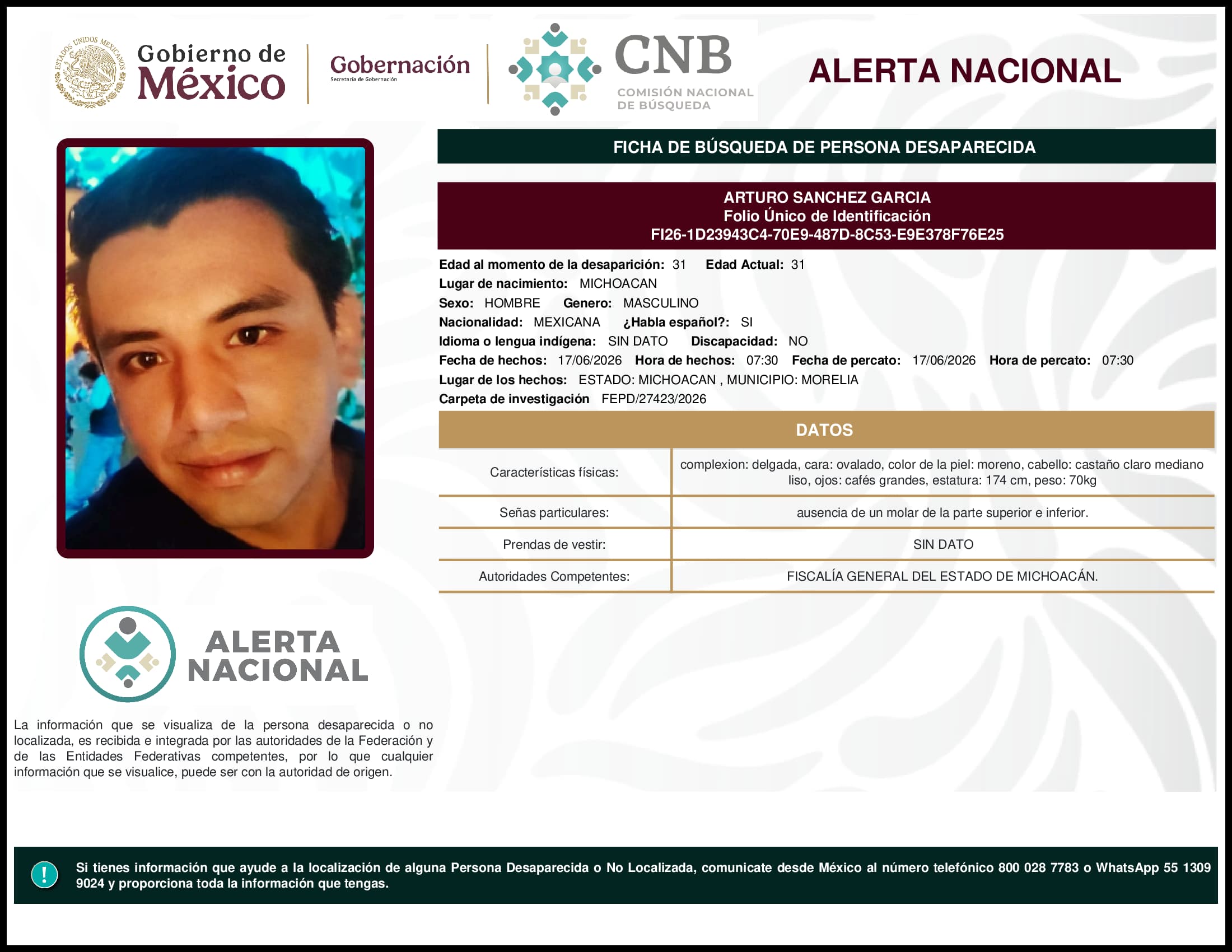 Persona desaparecida Arturo Sanchez Garcia