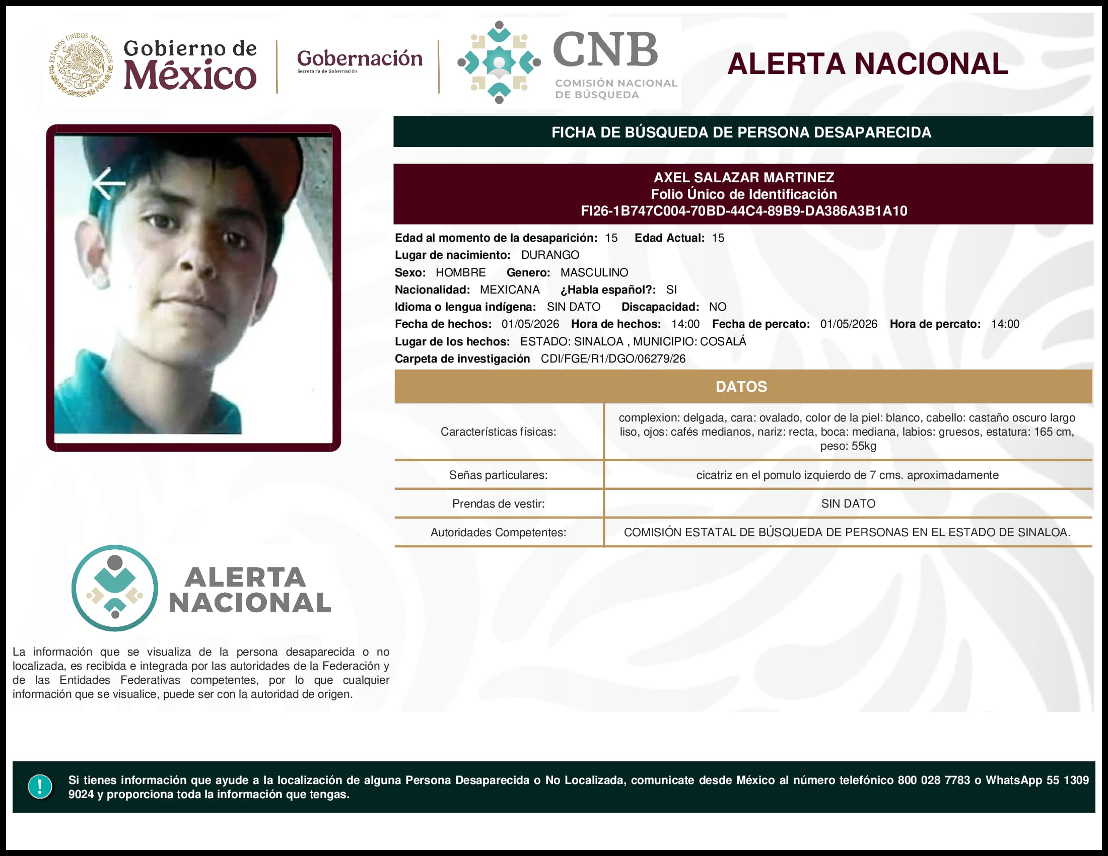 Persona desaparecida Axel Salazar Martinez