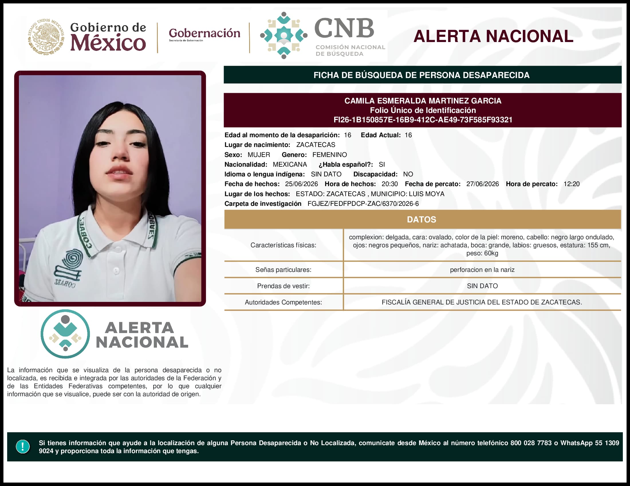 Persona desaparecida Camila Esmeralda Martinez Garcia