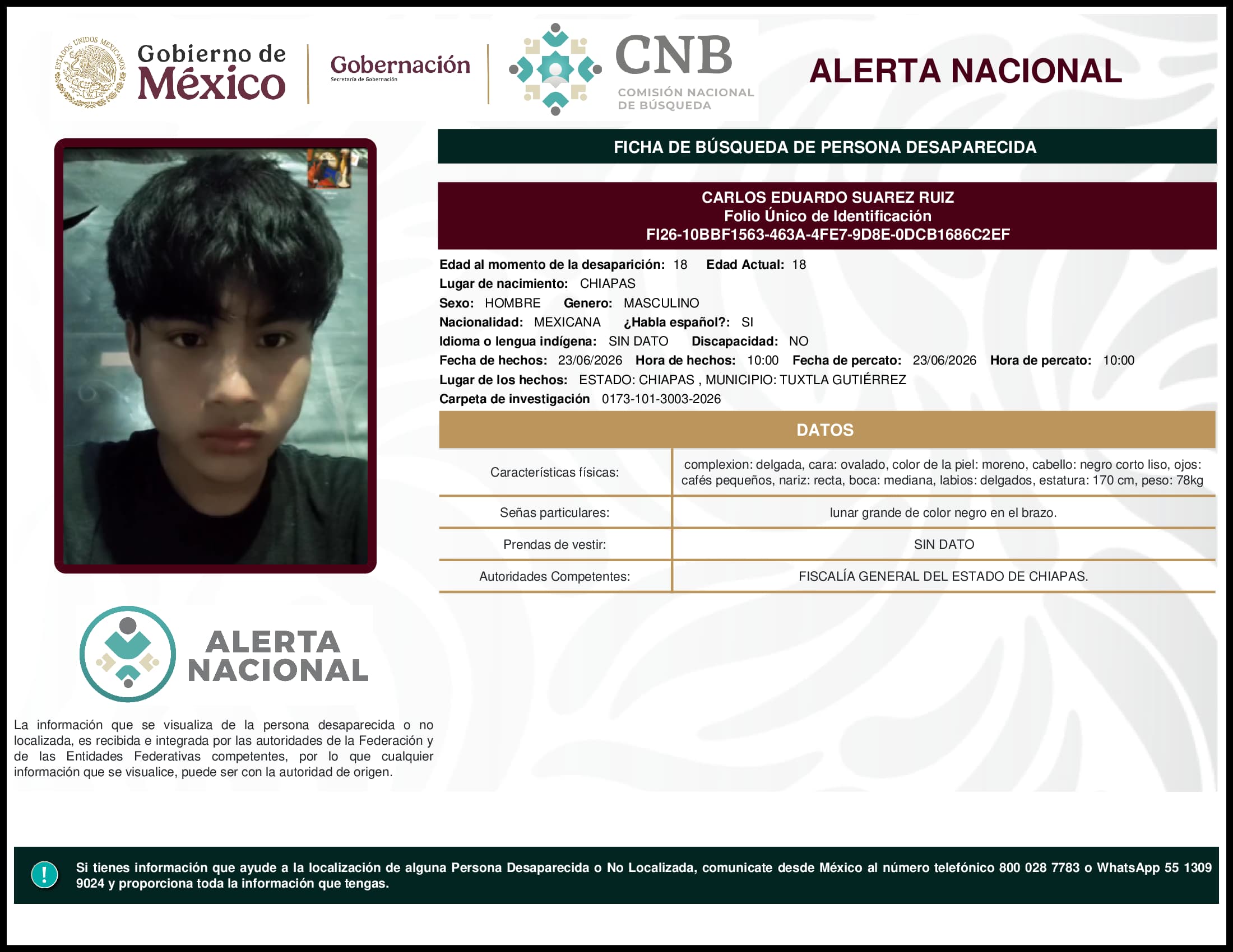 Persona desaparecida Carlos Eduardo Suarez Ruiz