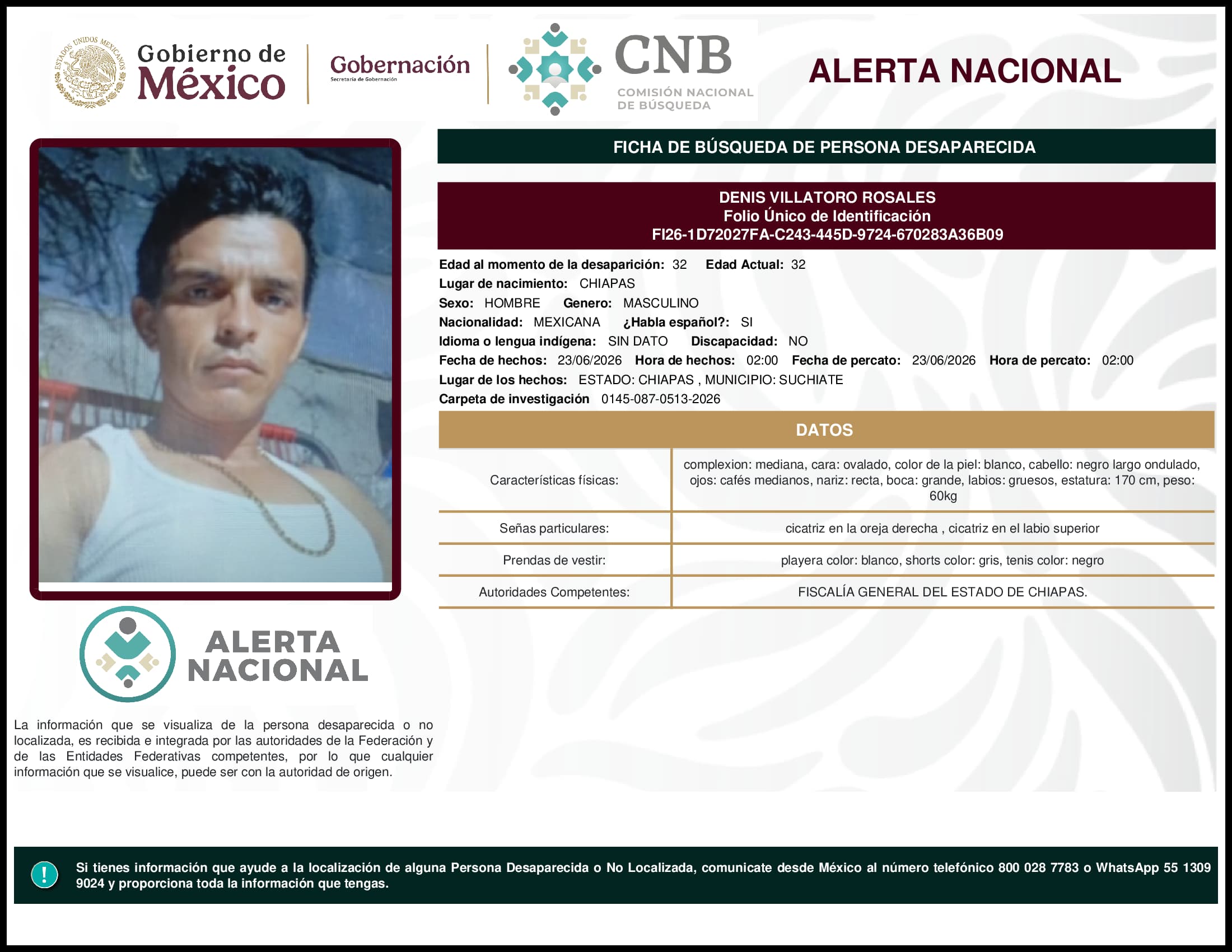 Persona desaparecida Denis Villatoro Rosales