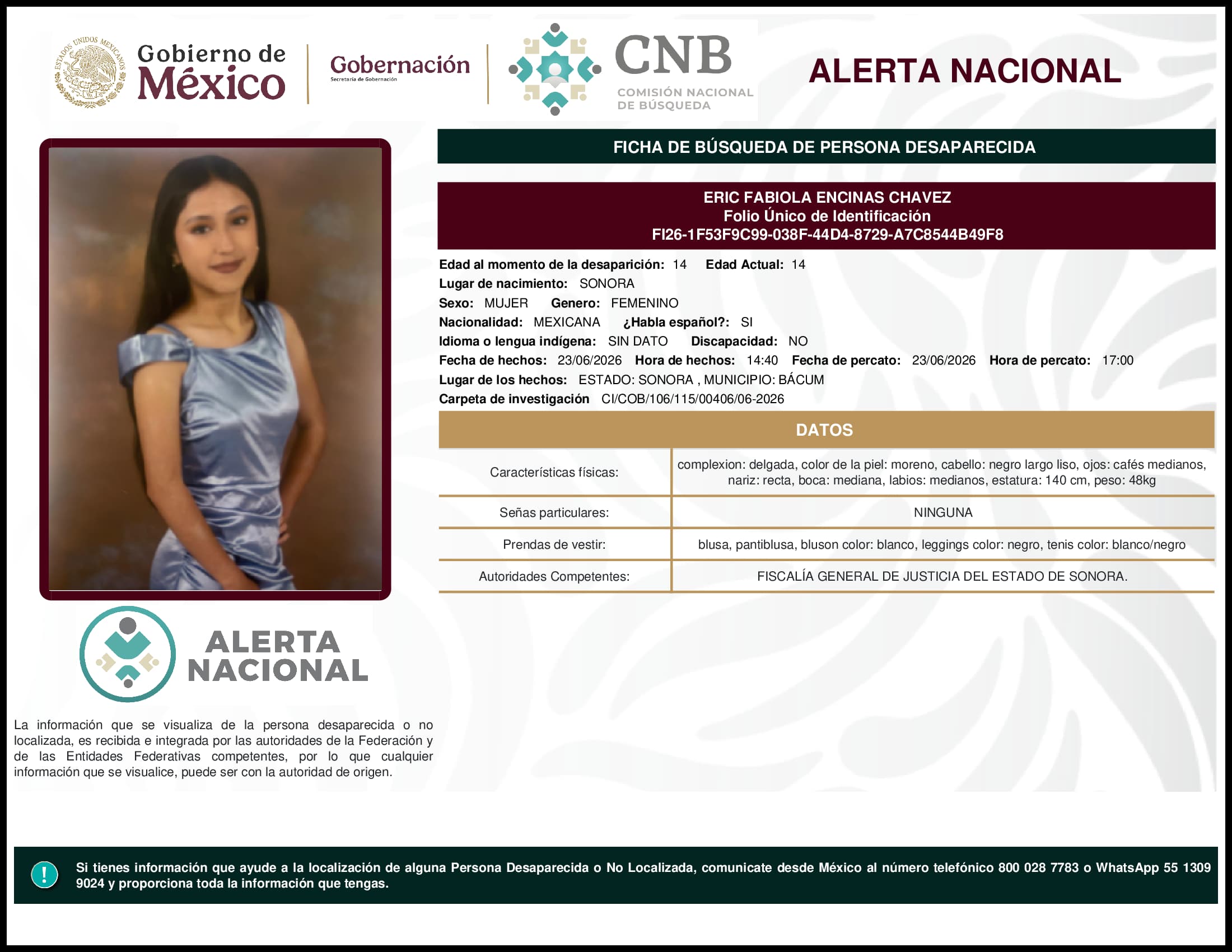 Persona desaparecida Eric Fabiola Encinas Chavez