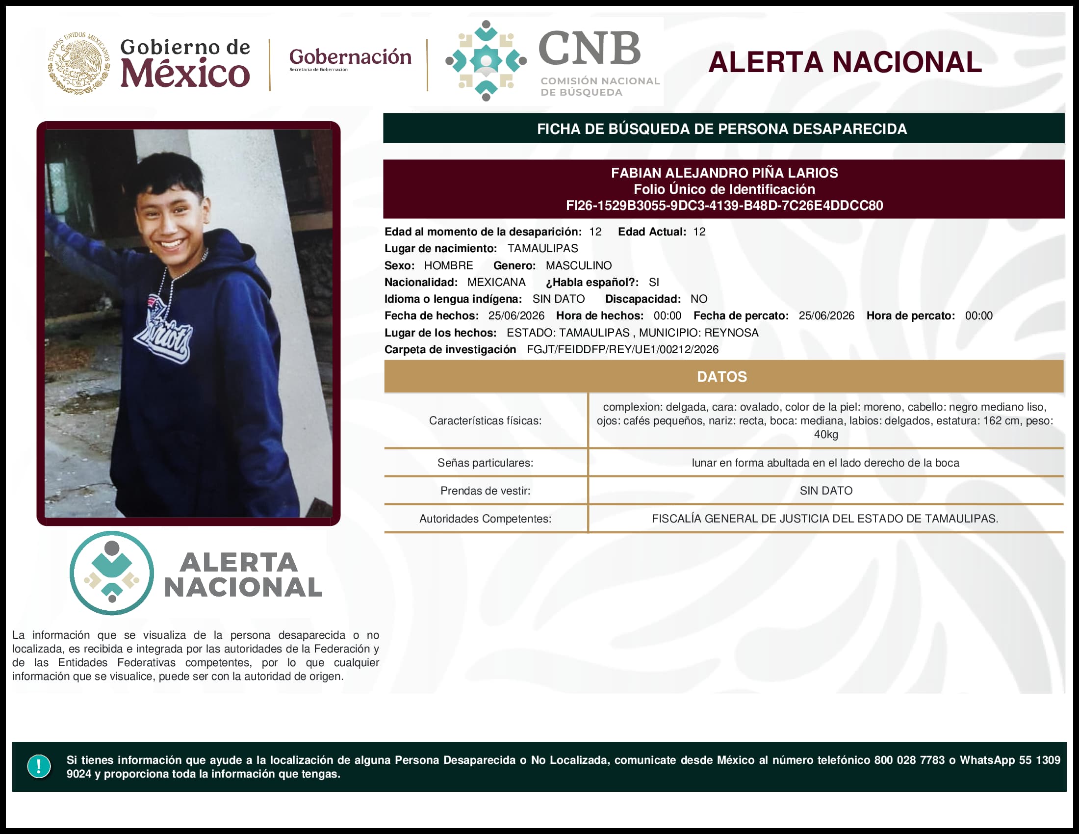 Persona desaparecida Fabian Alejandro Pina Larios