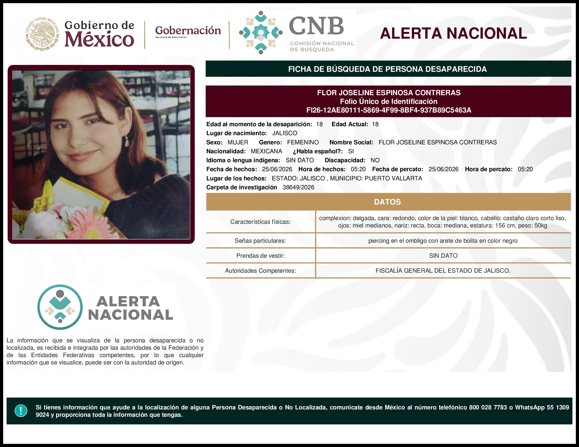 Persona desaparecida Flor Joseline Espinosa Contreras