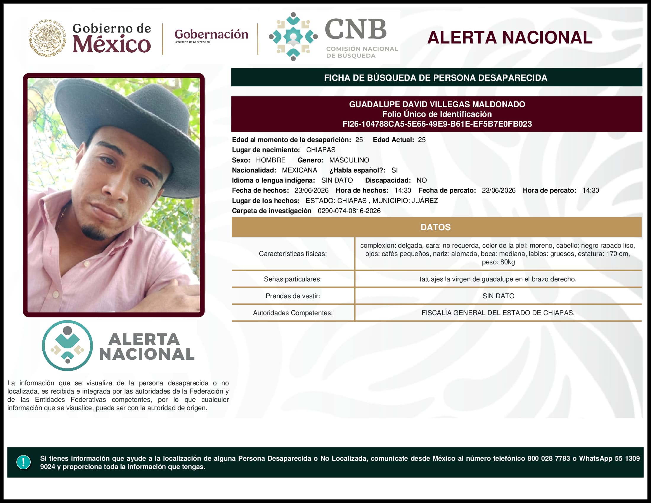 Persona desaparecida Guadalupe David Villegas Maldonado
