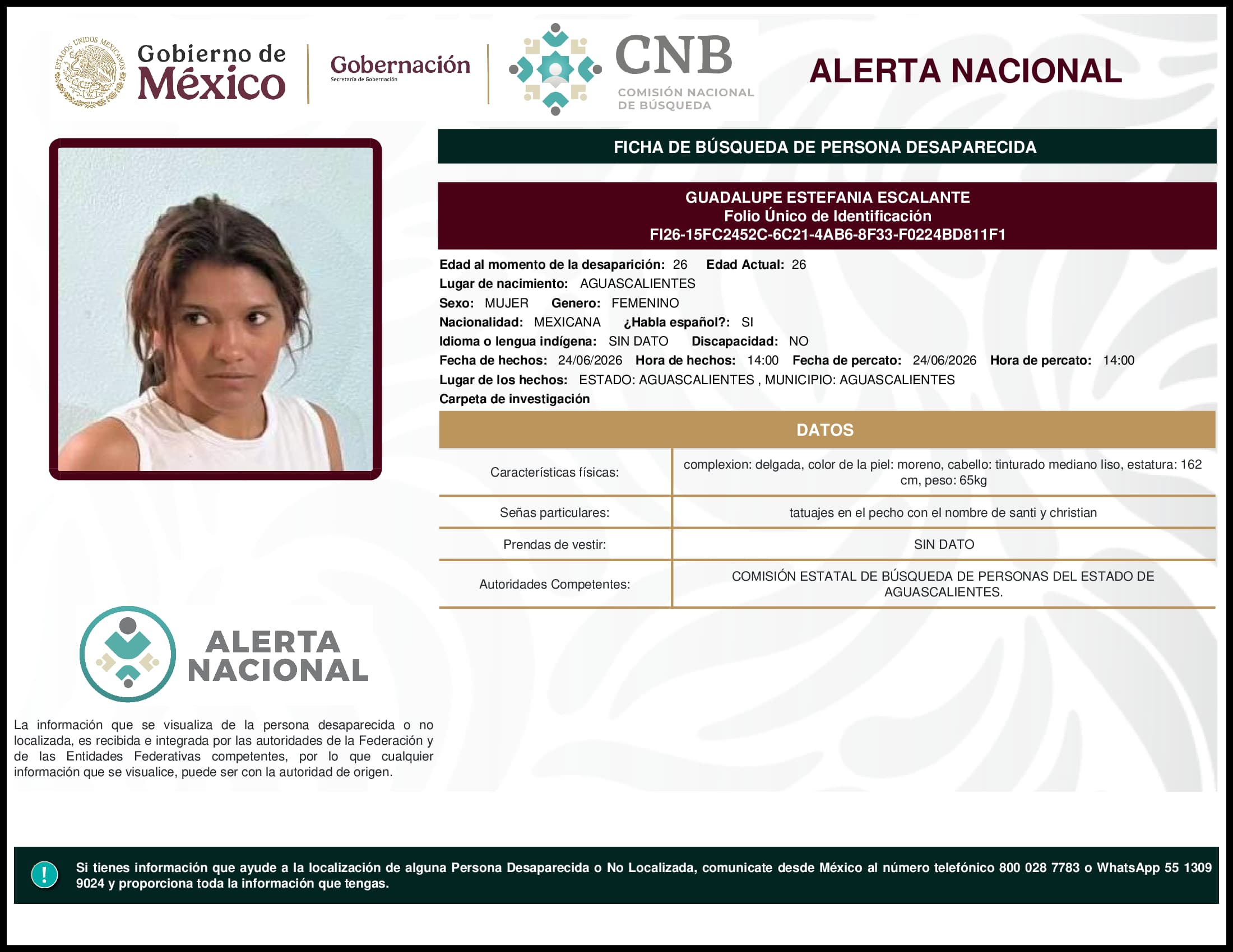Persona desaparecida Guadalupe Estefania Escalante