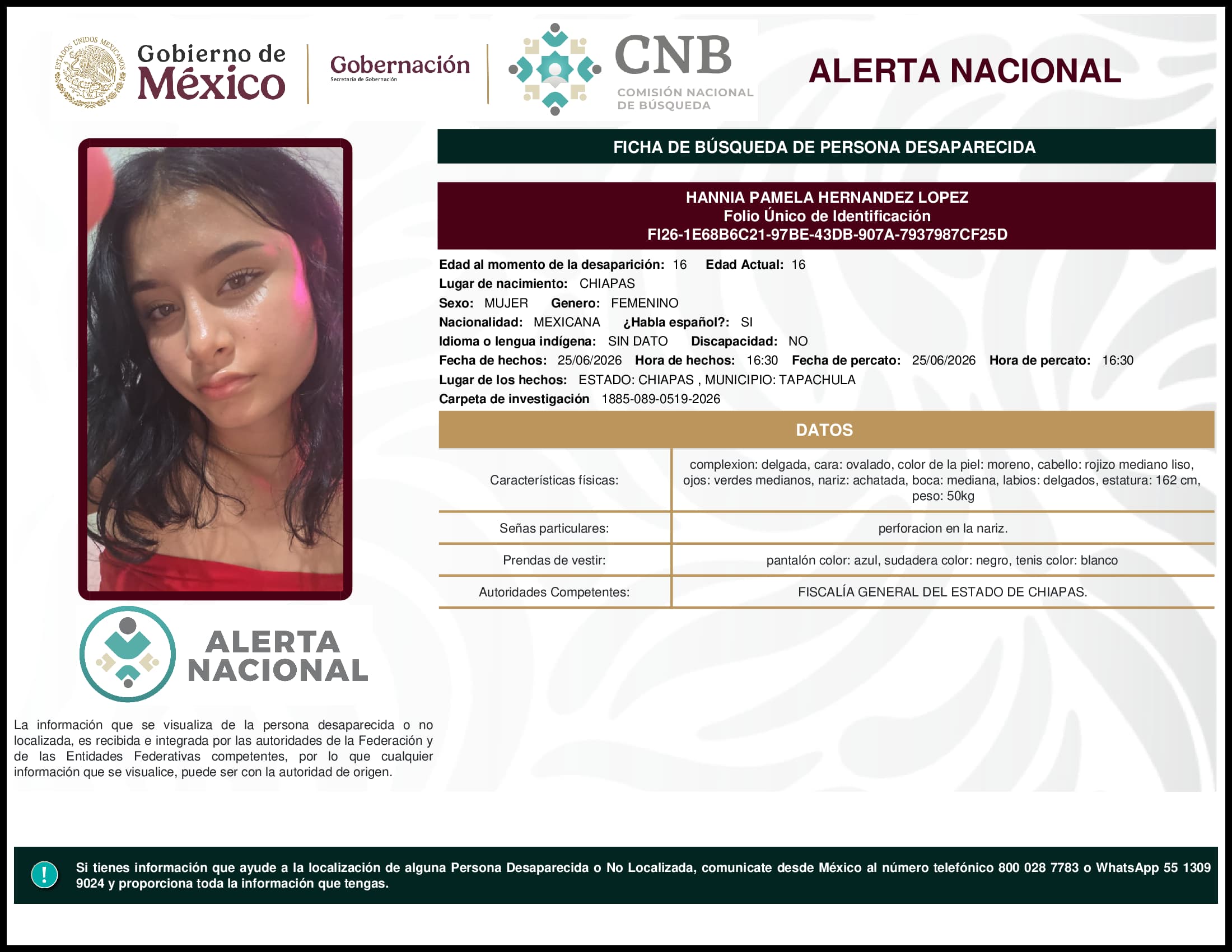 Persona desaparecida Hannia Pamela Hernandez Lopez