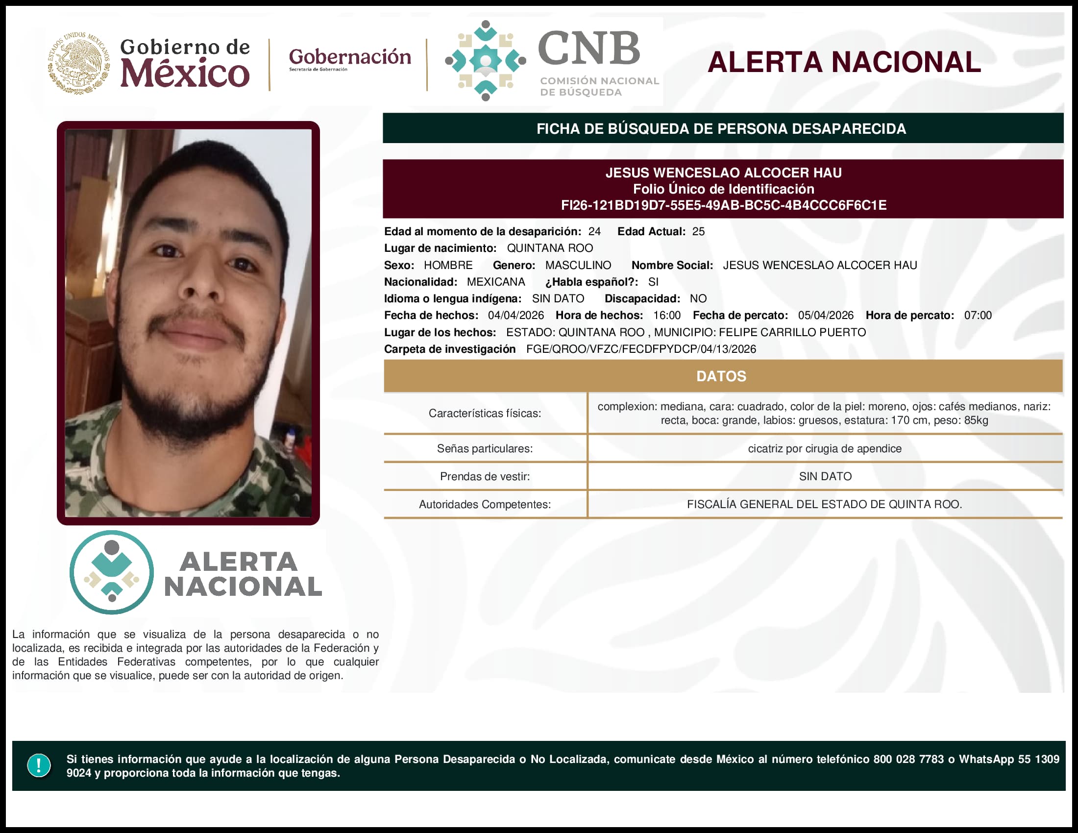 Persona desaparecida Jesus Wenceslao Alcocer Hau