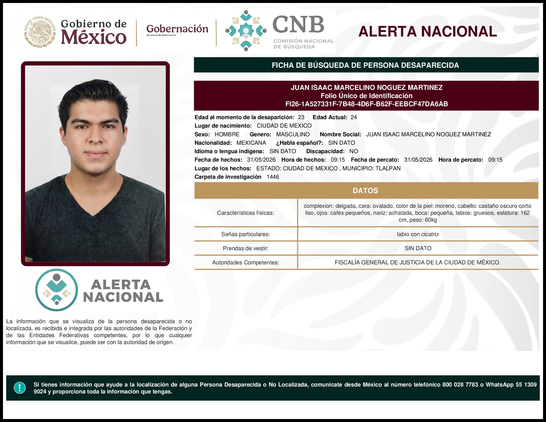Persona desaparecida Juan Isaac Marcelino Noguez Martinez