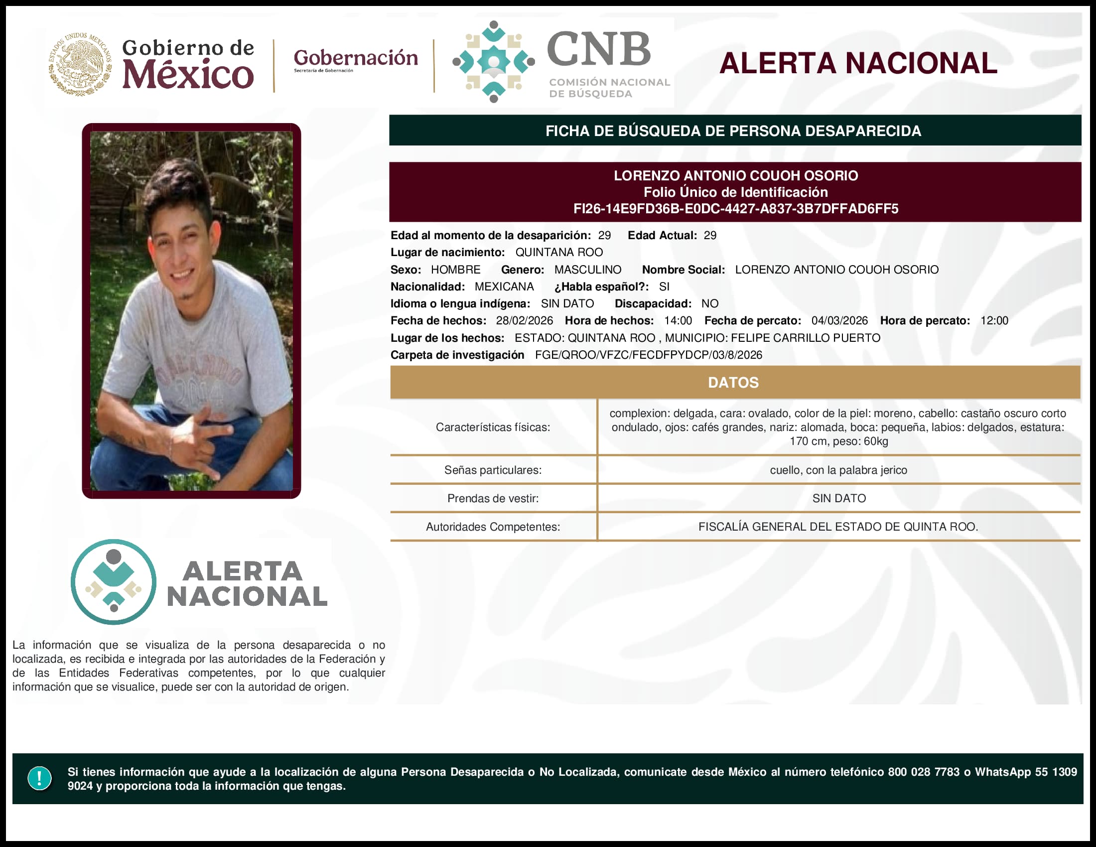 Persona desaparecida Lorenzo Antonio Couoh Osorio