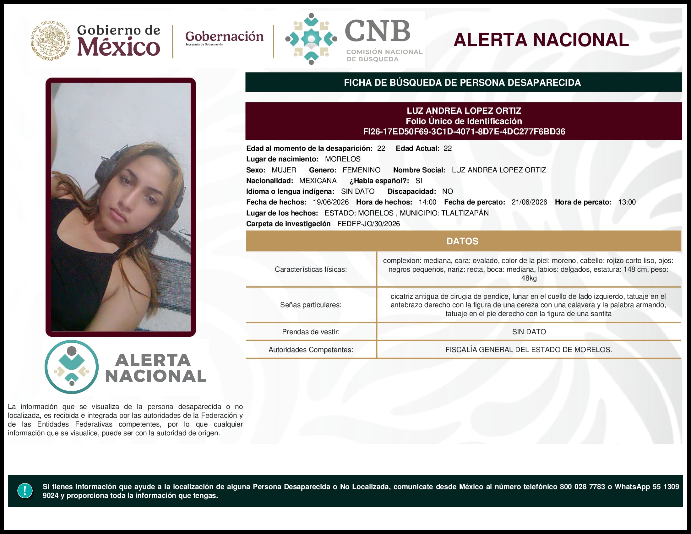 Persona desaparecida Luz Andrea Lopez Ortiz