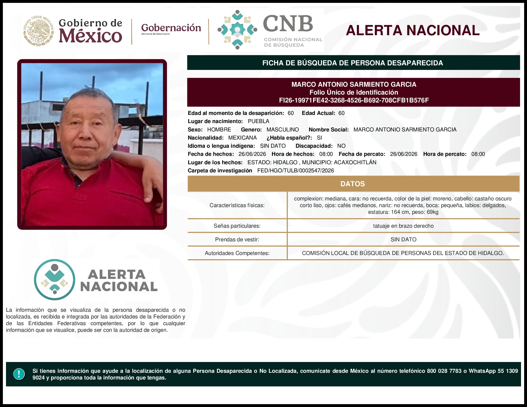 Persona desaparecida Marco Antonio Sarmiento Garcia