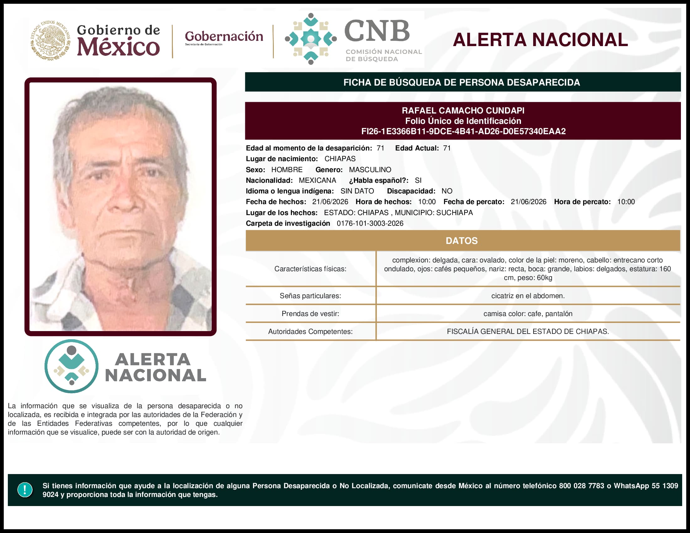 Persona desaparecida Rafael Camacho Cundapi