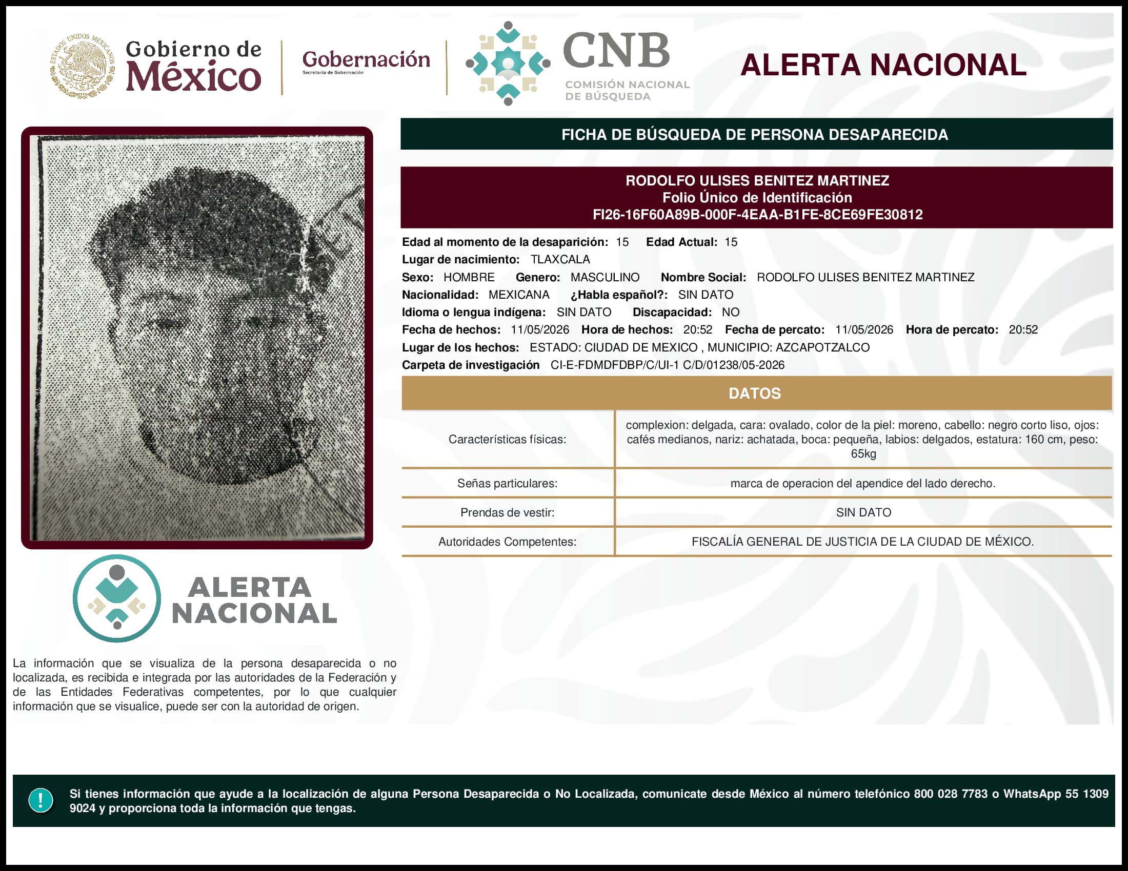 Persona desaparecida Rodolfo Ulises Benitez Martinez