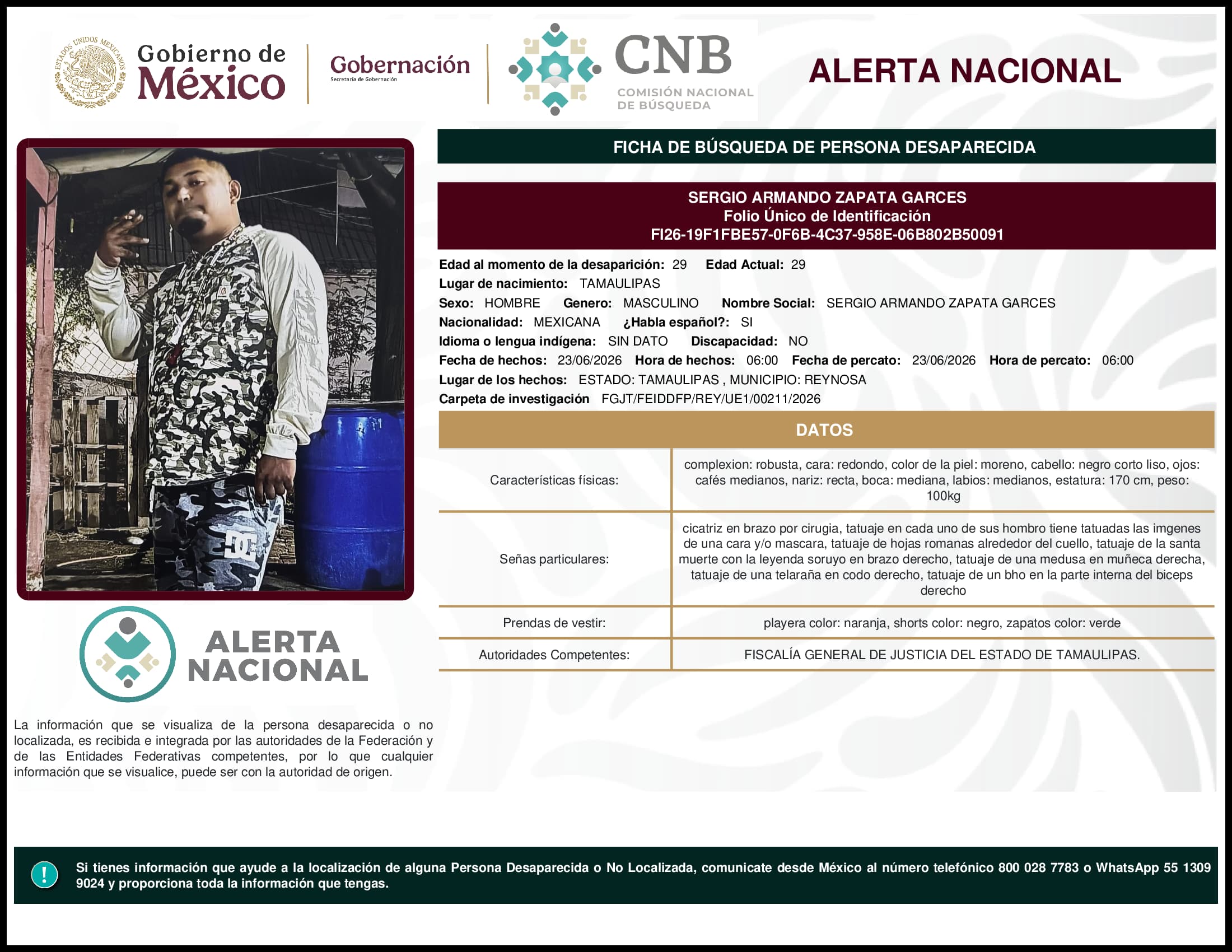 Persona desaparecida Sergio Armando Zapata Garces