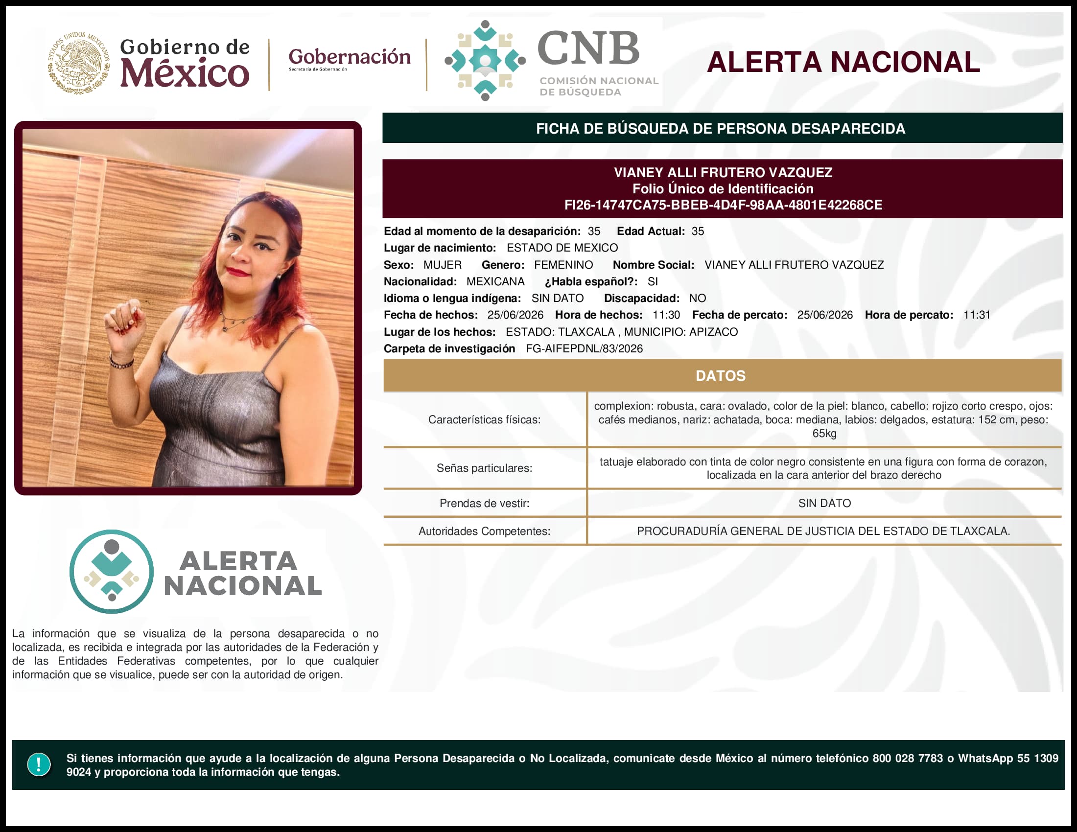 Persona desaparecida Vianey Alli Frutero Vazquez