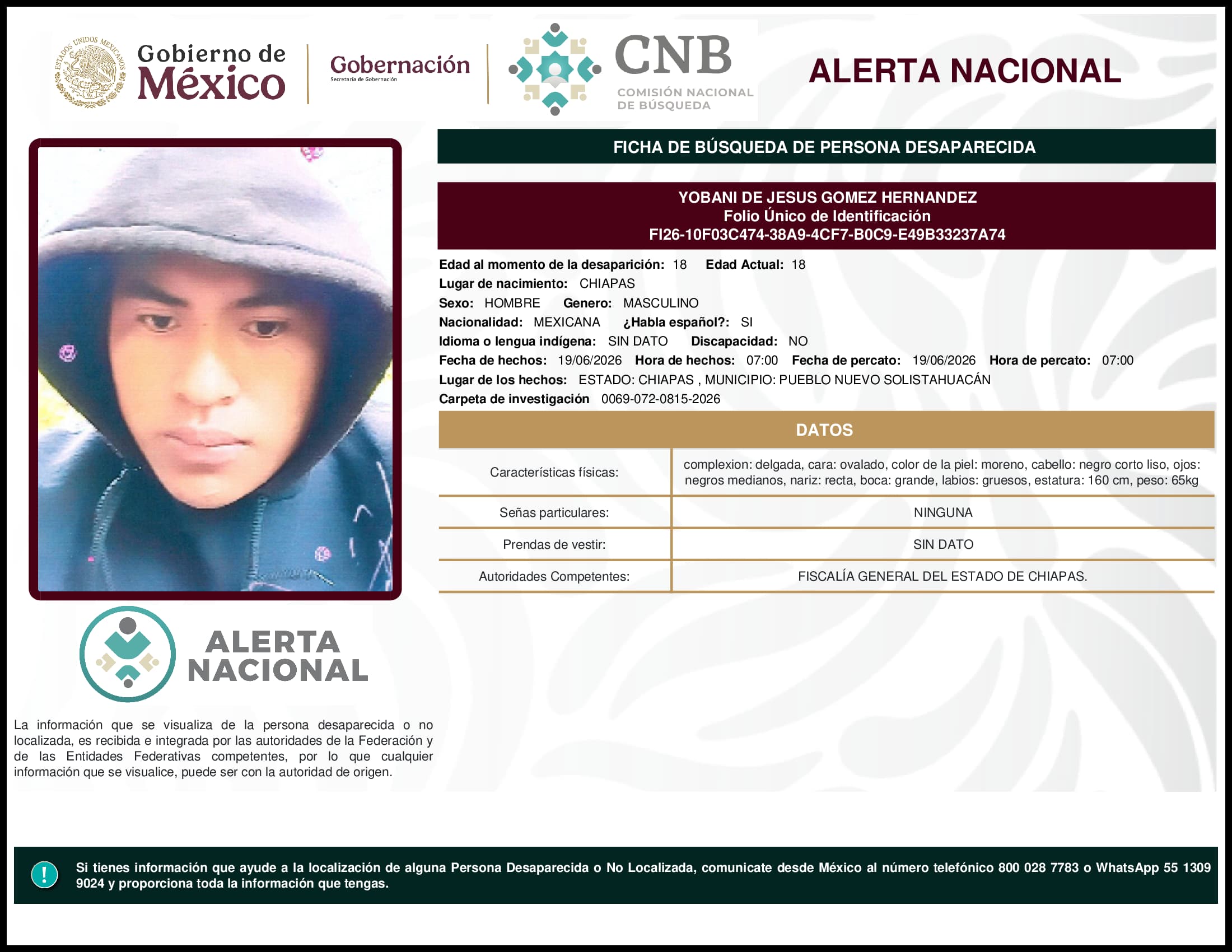 Persona desaparecida Yobani De Jesus Gomez Hernandez