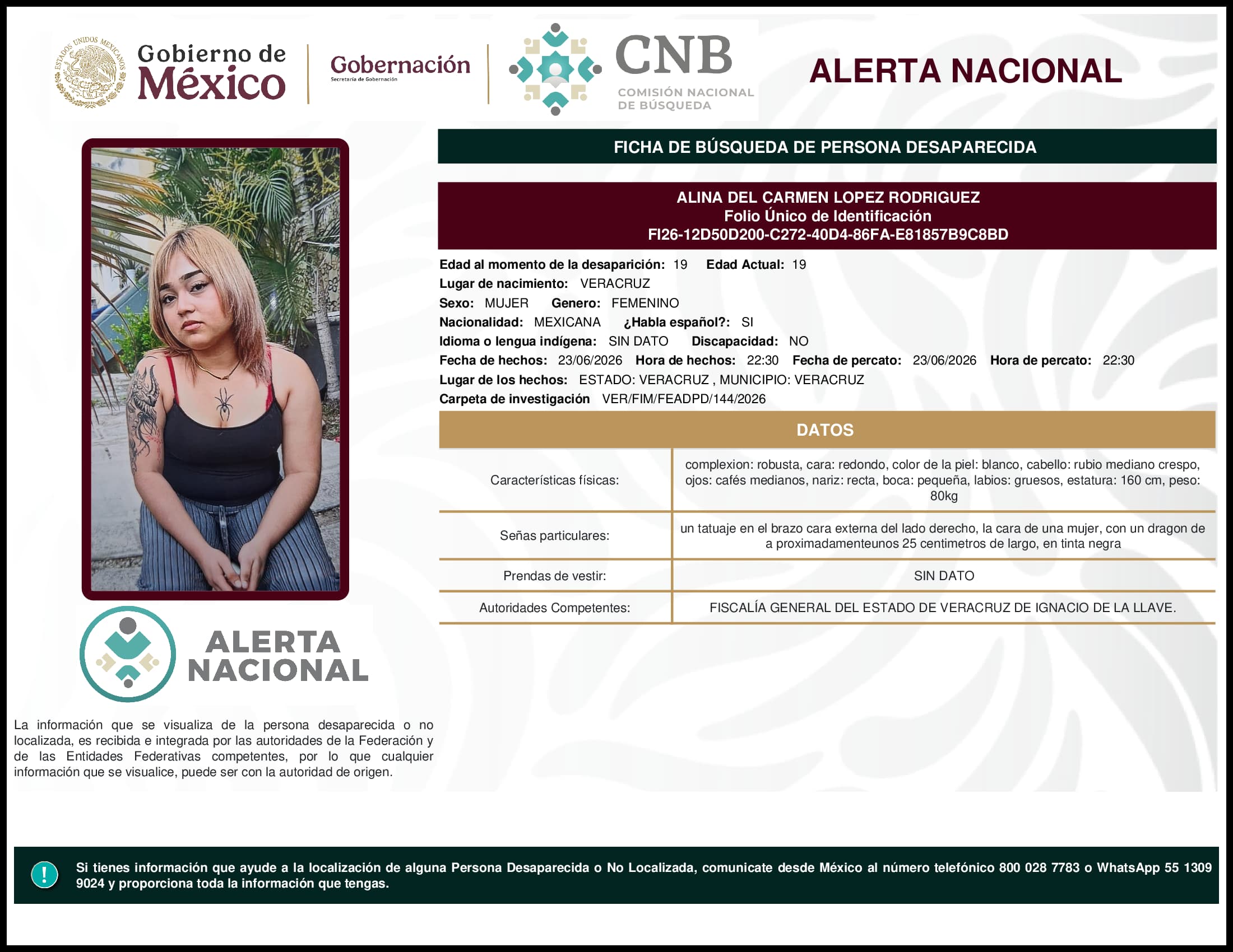 Persona desaparecida Alina Del Carmen Lopez Rodriguez