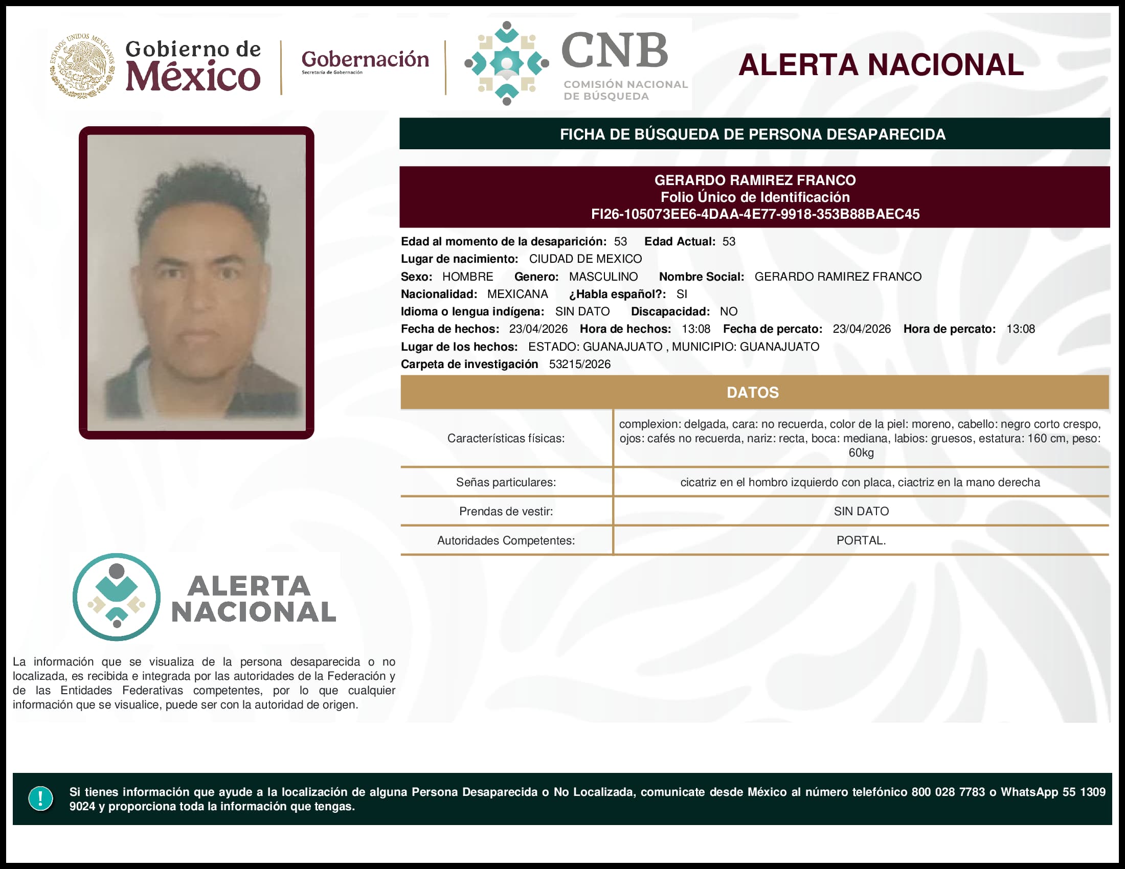Persona desaparecida Gerardo Ramirez Franco