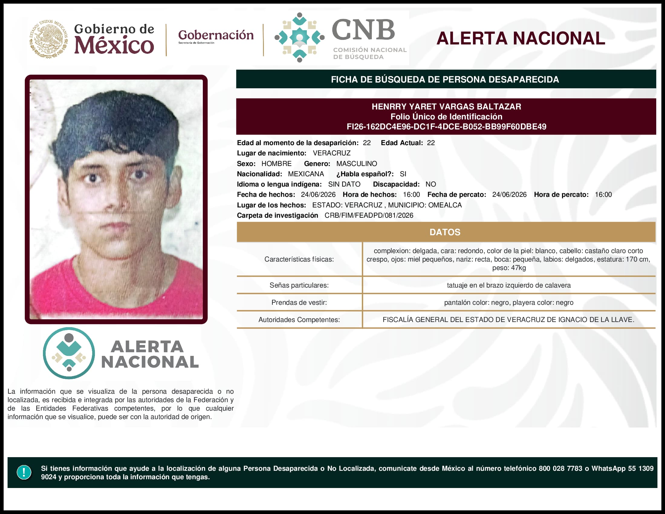 Persona desaparecida Henrry Yaret Vargas Baltazar
