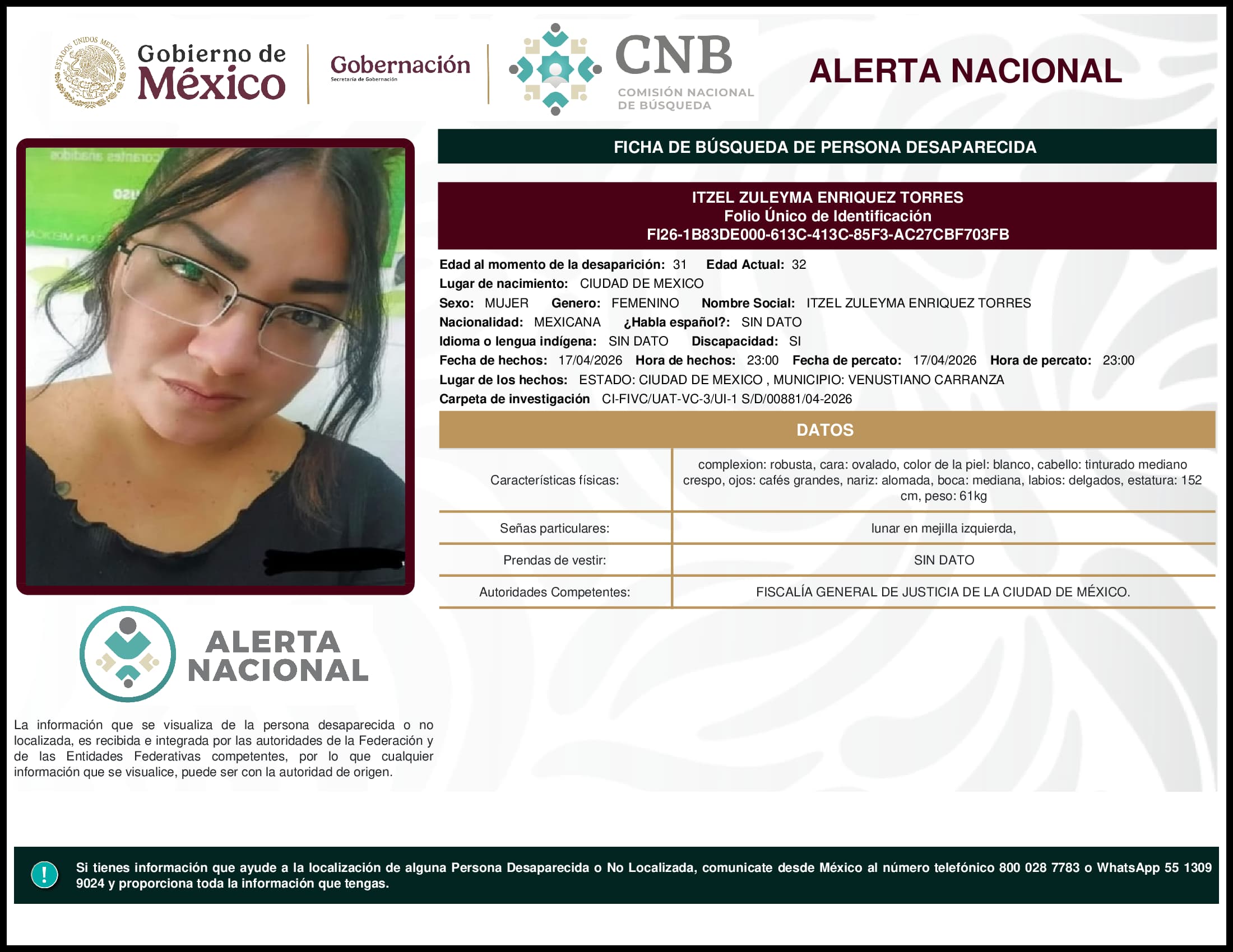 Persona desaparecida Itzel Zuleyma Enriquez Torres