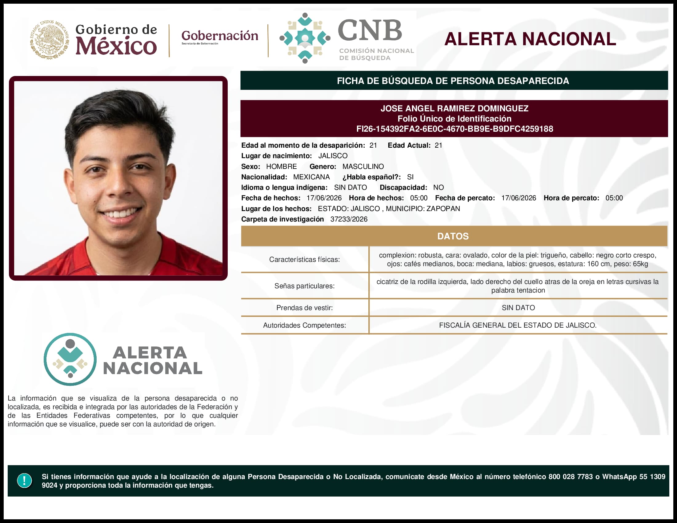 Persona desaparecida Jose Angel Ramirez Dominguez
