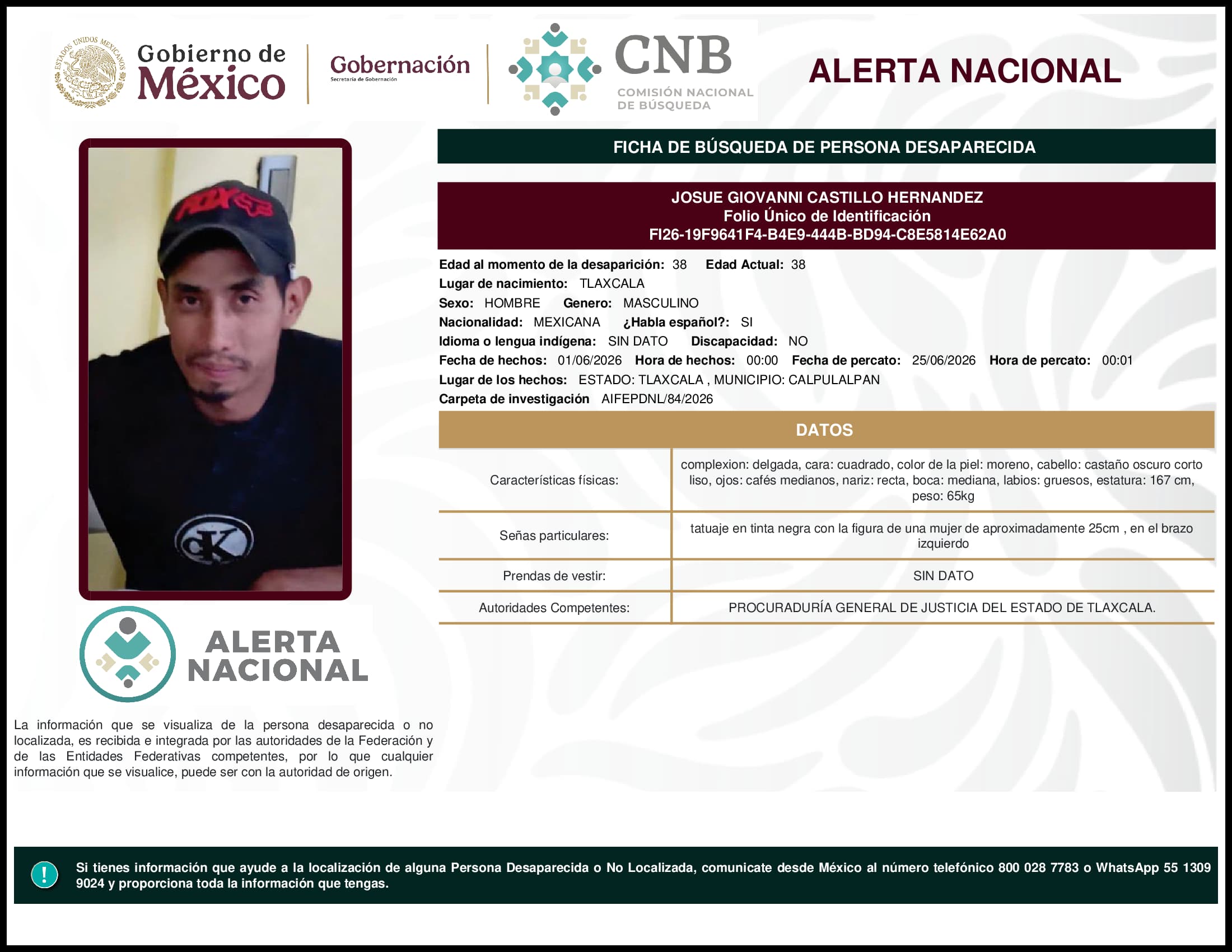 Persona desaparecida Josue Giovanni Castillo Hernandez