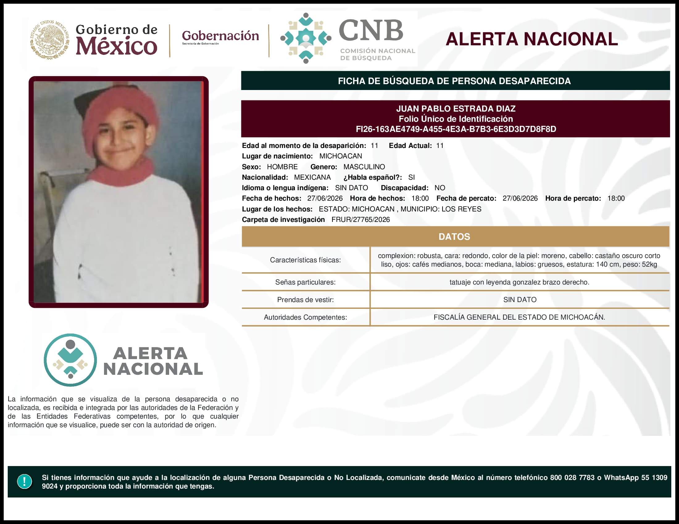 Persona desaparecida Juan Pablo Estrada Diaz