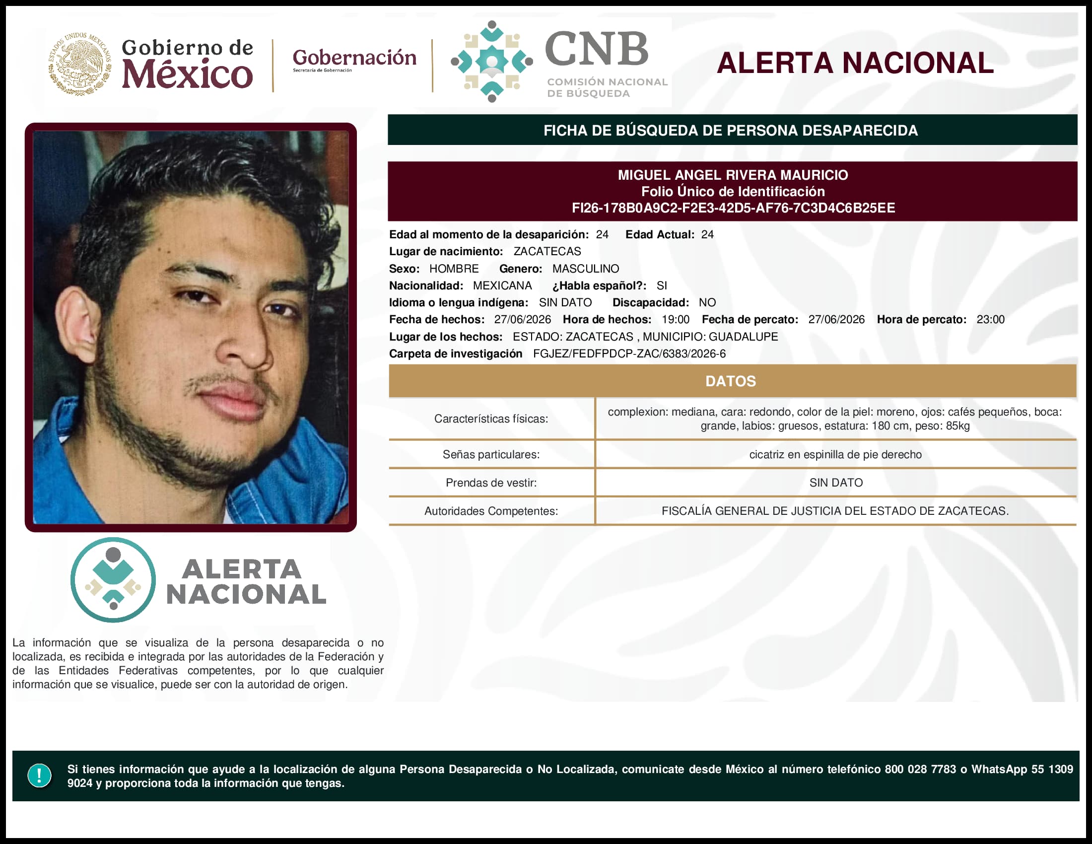 Persona desaparecida Miguel Angel Rivera Mauricio