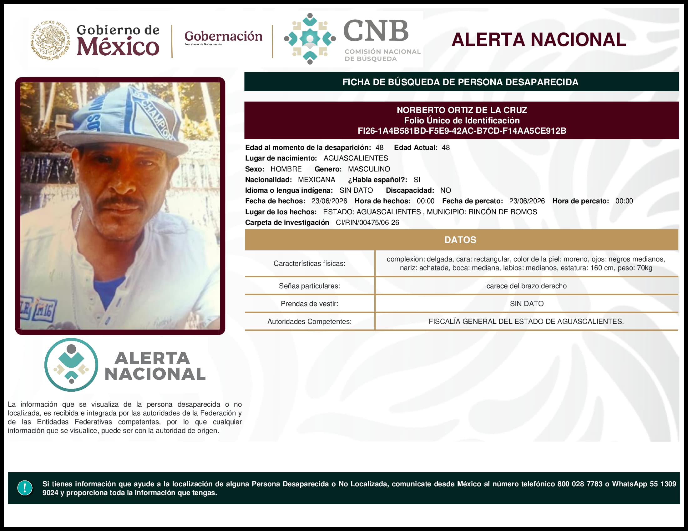 Persona desaparecida Norberto Ortiz De La Cruz