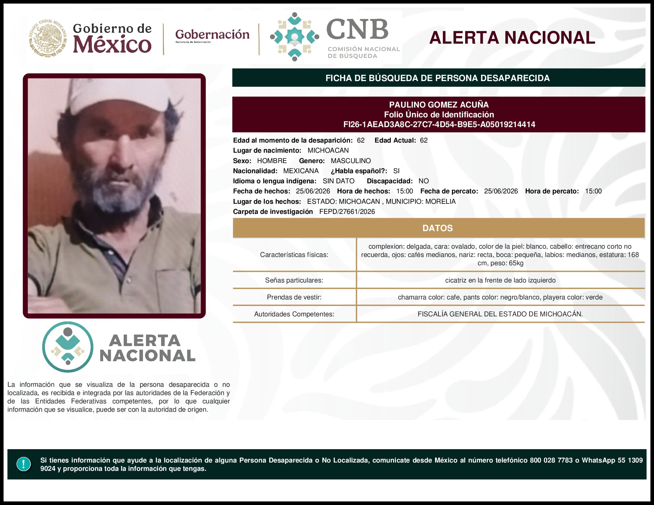 Persona desaparecida Paulino Gomez Acuna